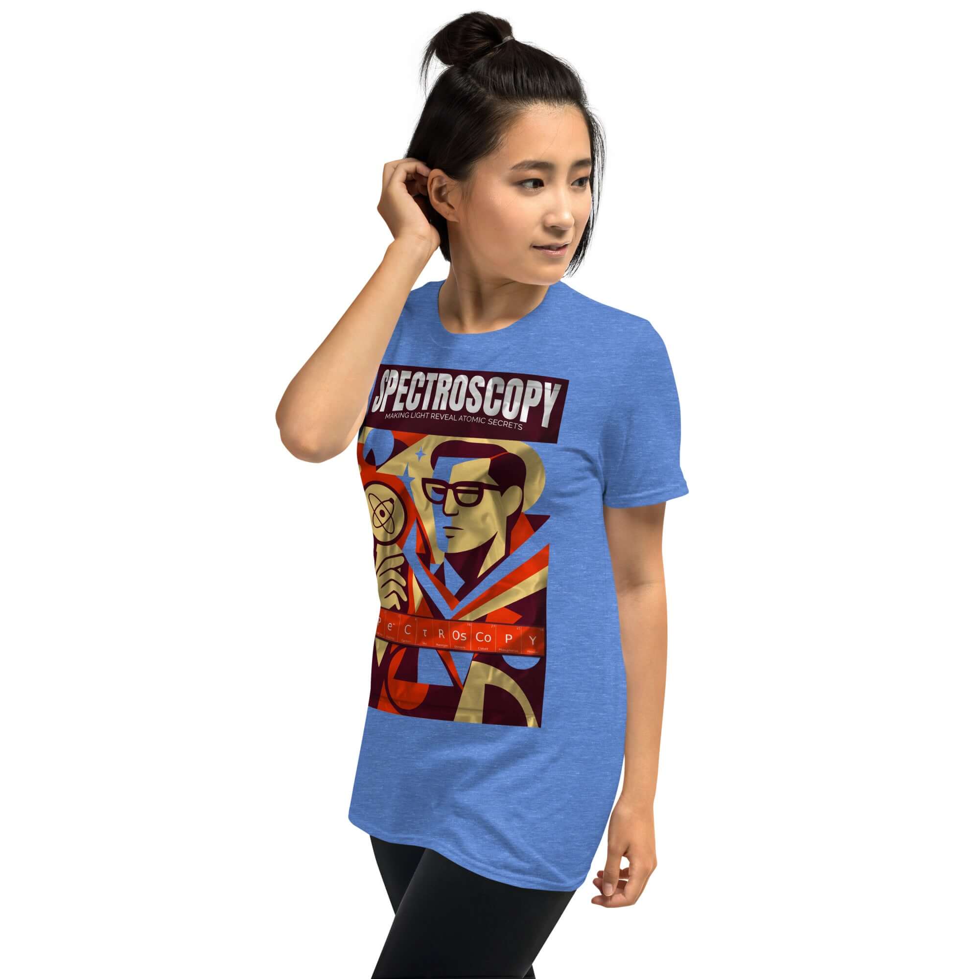 Blue Spectroscopy T-shirt featuring vintage noir-inspired atomic secrets design, worn by a model facing sideways.