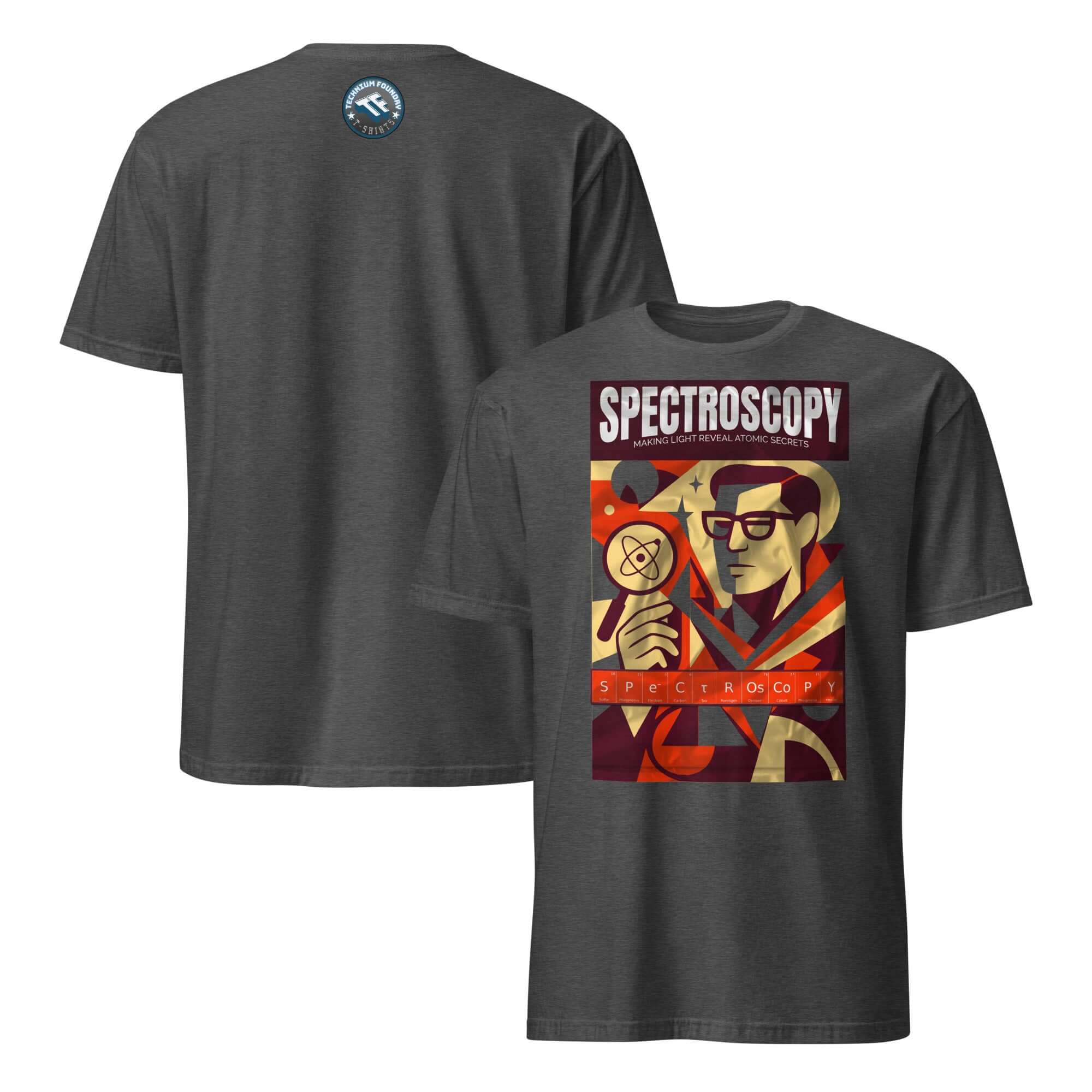 Spectroscopy T-Shirt showcasing a vintage-style investigator with prisms and atomic symbols, revealing light's secrets.