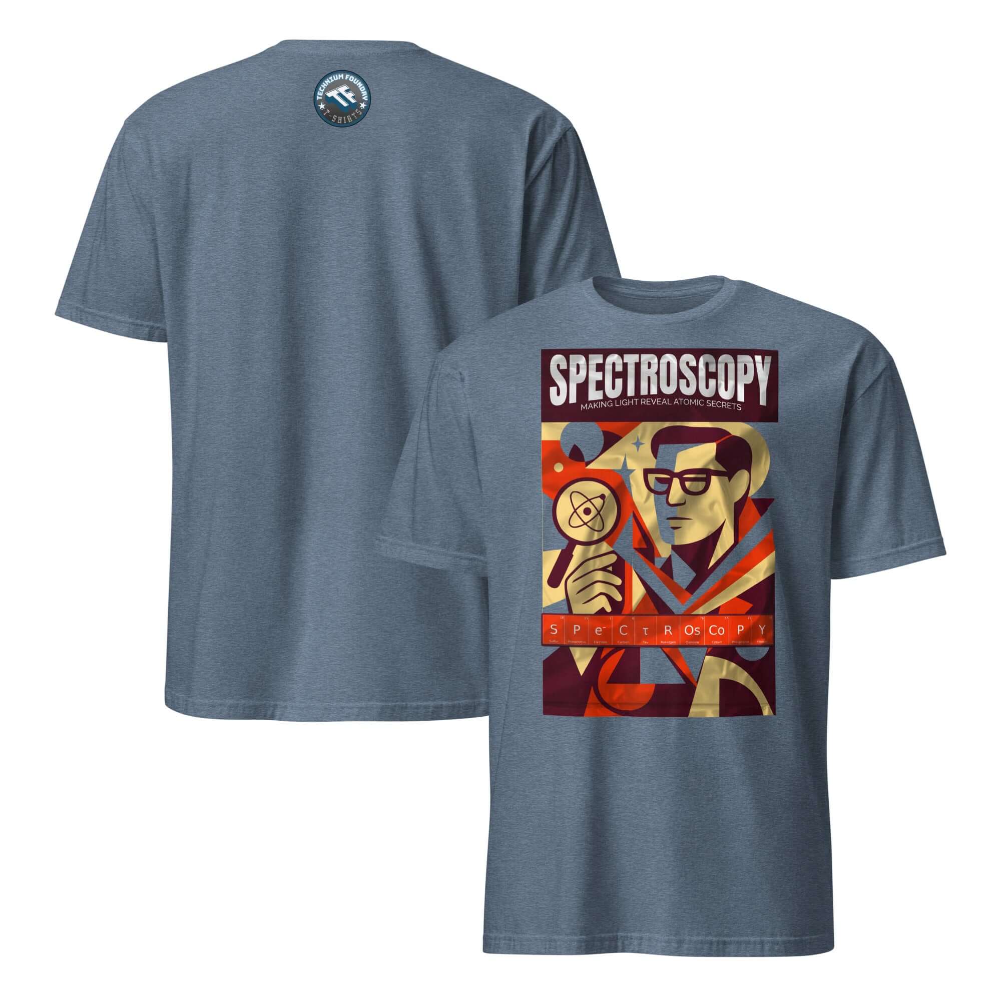 Vintage Spectroscopy T-Shirt featuring stylized investigator graphic, highlighting atomic secrets theme.