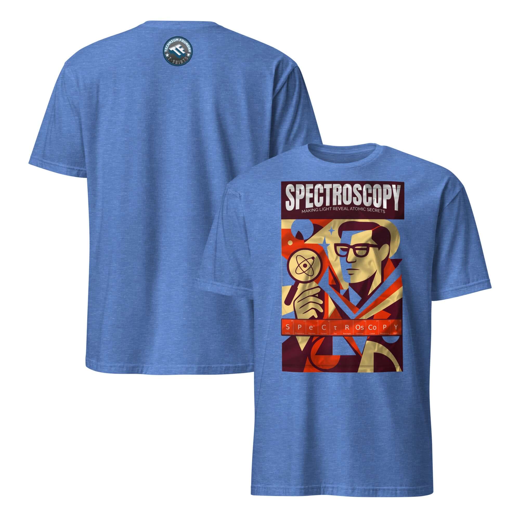 Blue Spectroscopy T-Shirt featuring a noir-style illustration of a detective with prisms, celebrating atomic secrets and light.