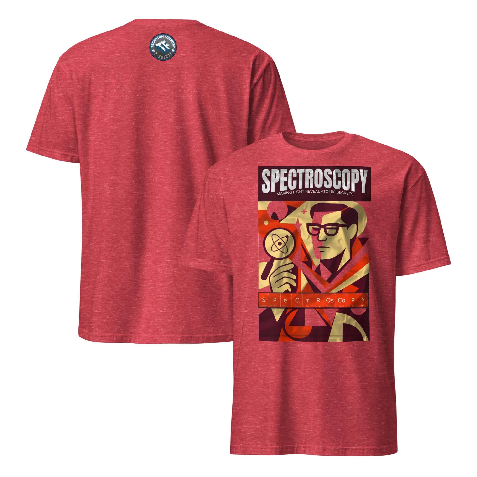 Red "Spectroscopy" T-shirt featuring a noir-inspired atomic investigator artwork on the back.