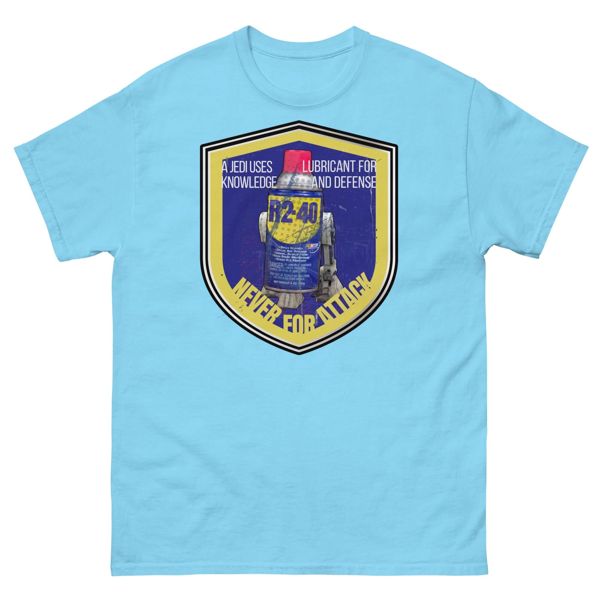 R2-D2 WD-40 parody t-shirt featuring Star Wars mechanic humor design, "A Jedi Uses Lubricant for Knowledge and Defense, Never For Attack."