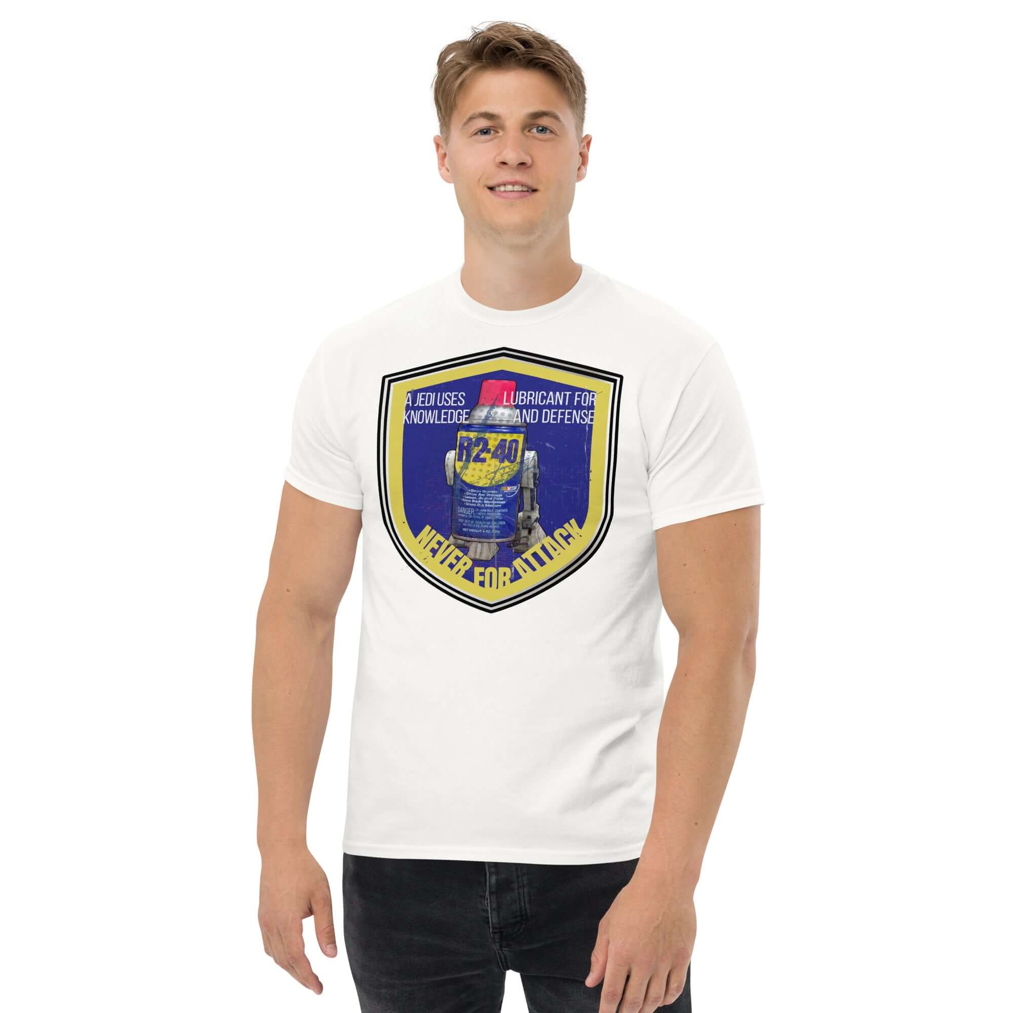 Man wearing R2-D2 WD-40 parody t-shirt featuring Star Wars mechanic humor, perfect for fans of both galaxies and home repair.