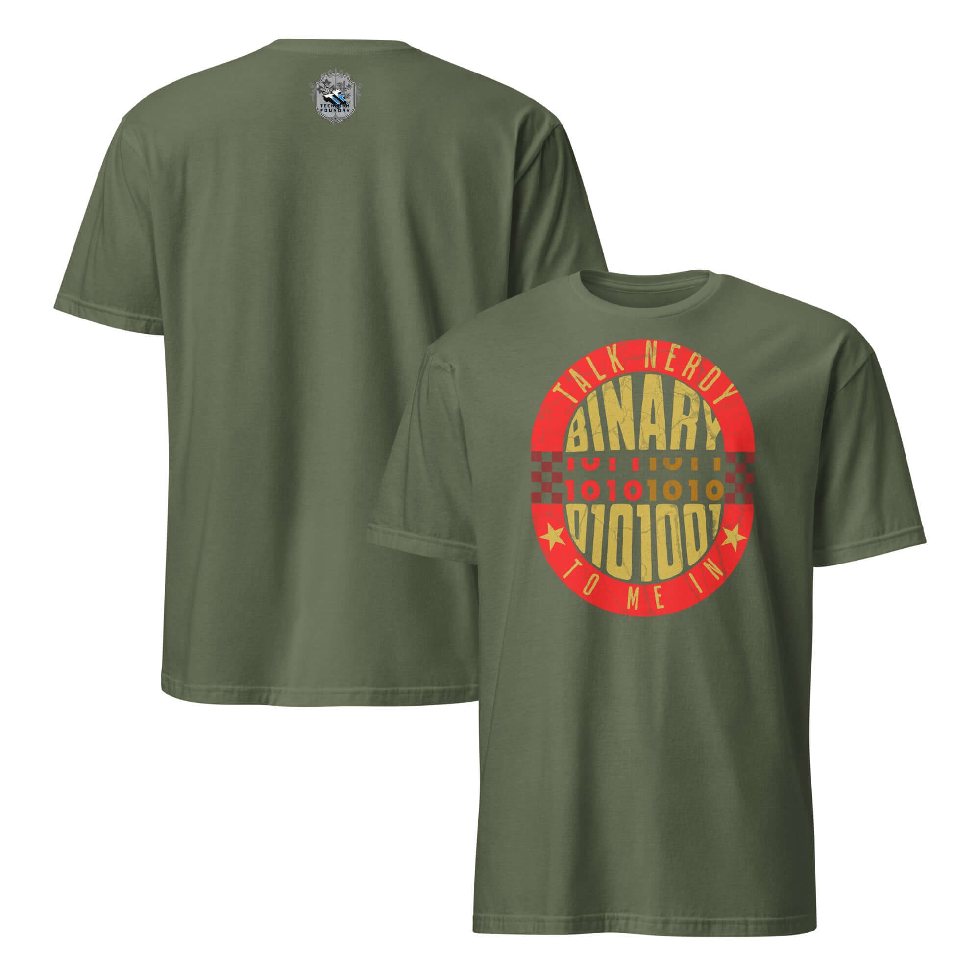 Talk Nerdy To Me In Binary T-Shirt with Programmer Pickup Line, olive green color, front and back view showing red badge design.