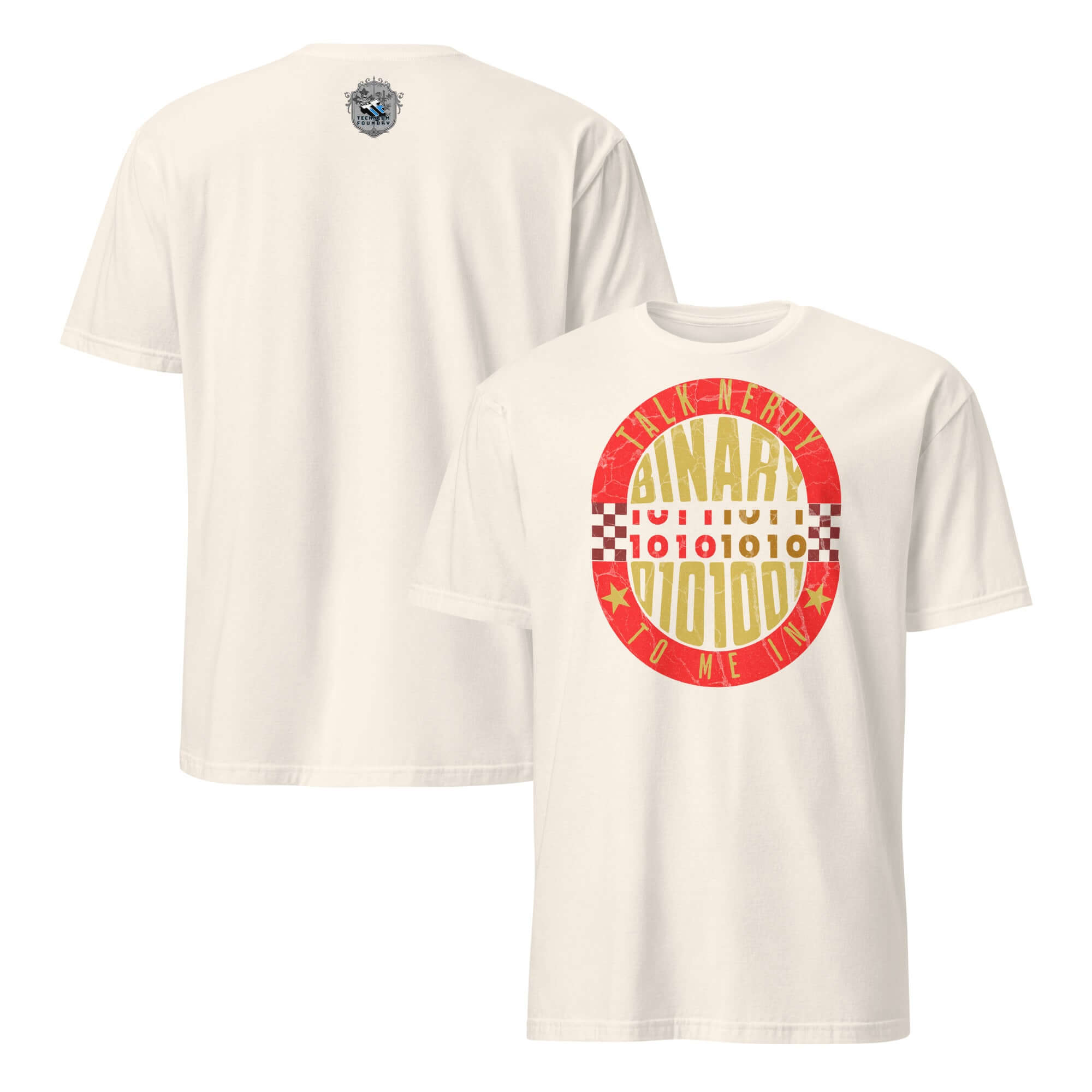 Talk Nerdy To Me in Binary T-shirt with red badge design, perfect for programmers who love witty coding pickup lines.