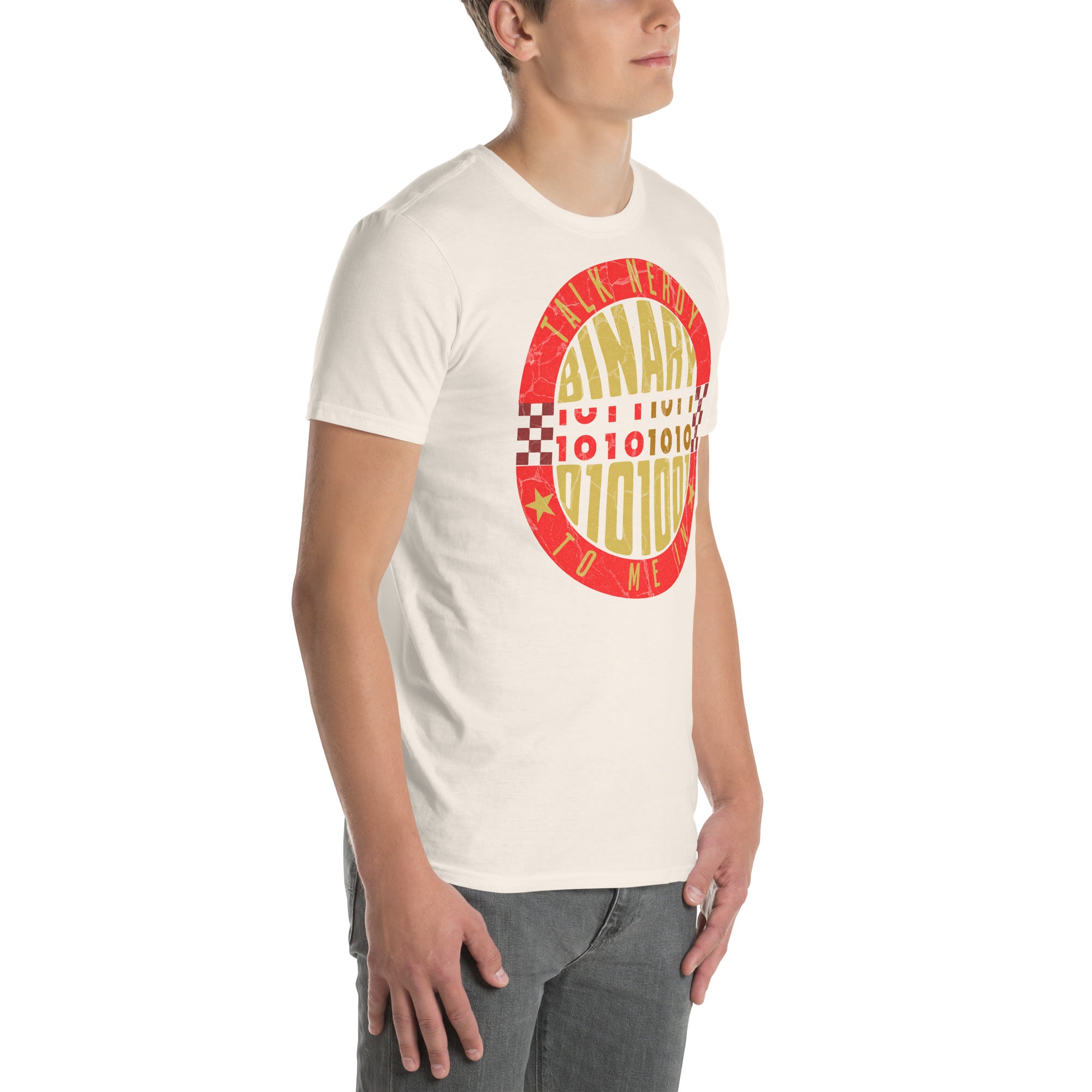Talk Nerdy to Me in Binary T-Shirt featuring red badge design on model, perfect for programmers and coding enthusiasts.