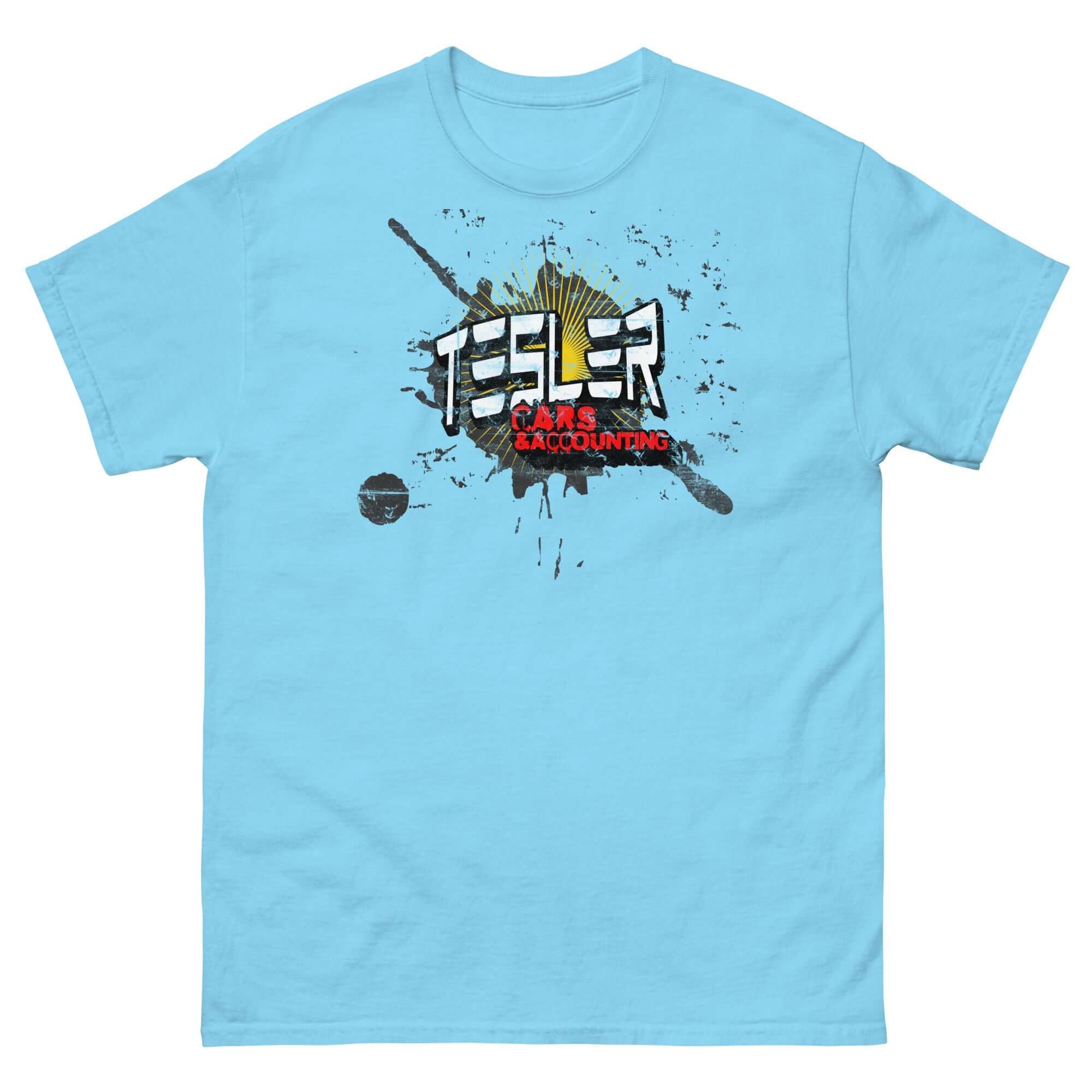 Blue "Tesler Cars & Accounting" parody t-shirt for electric car and accounting enthusiasts, featuring creative typography and design.