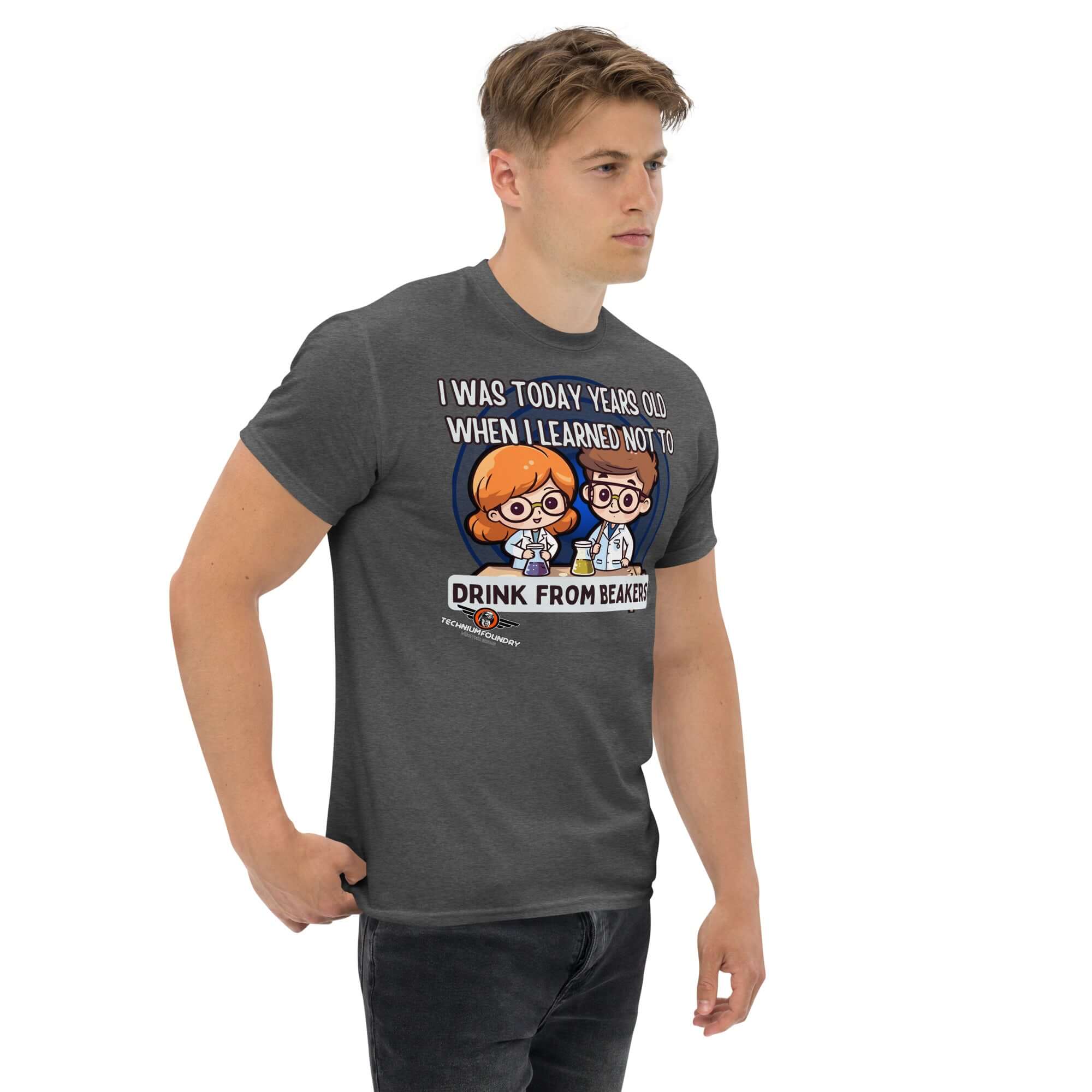 Man wearing 'I Was Today Years Old' laboratory safety t-shirt with kawaii scientists and beaker warning, chemistry humor design.