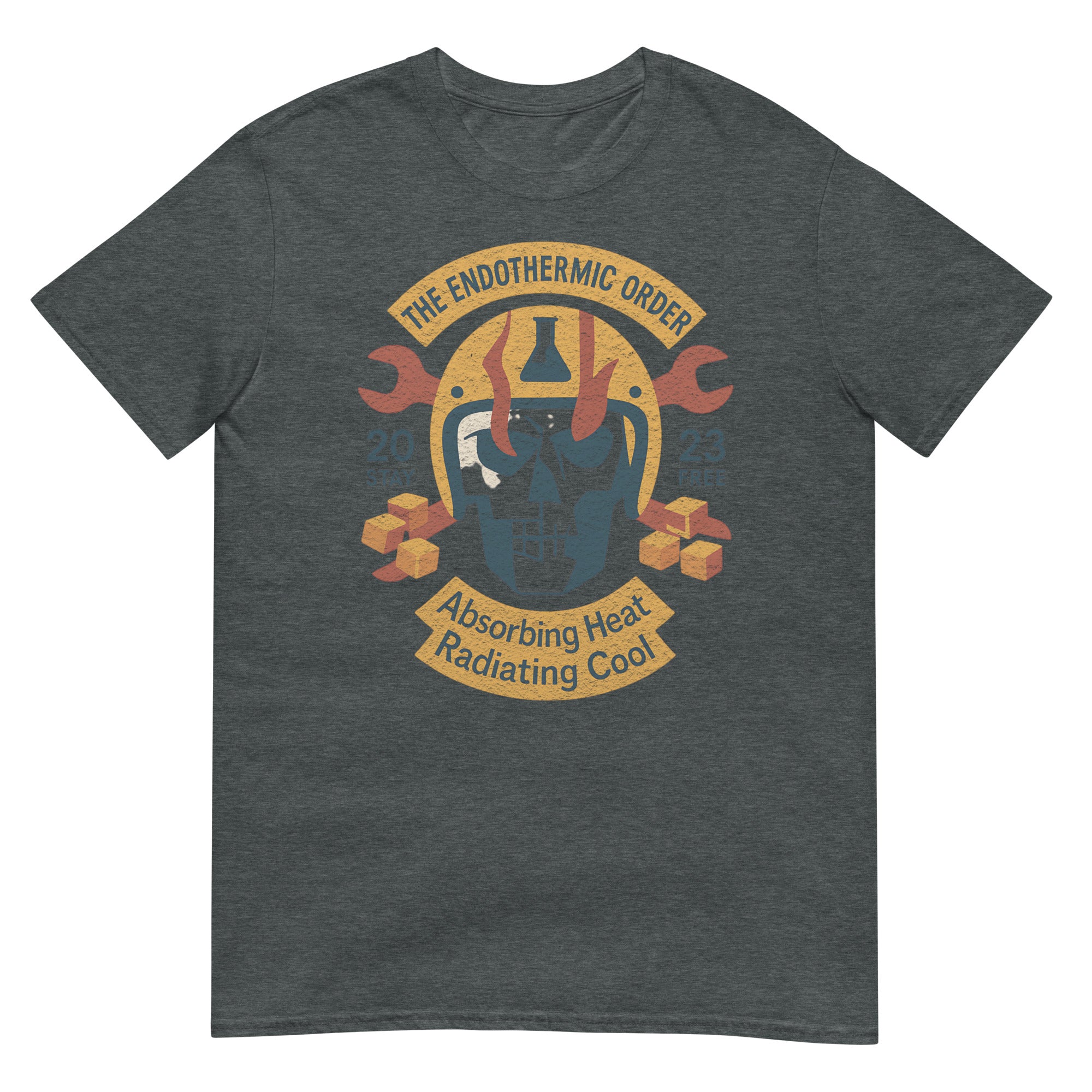 The Endothermic Order Motorcycle Club T-Shirt with skull, helmet, and wrench design, promoting thermodynamic apparel style.