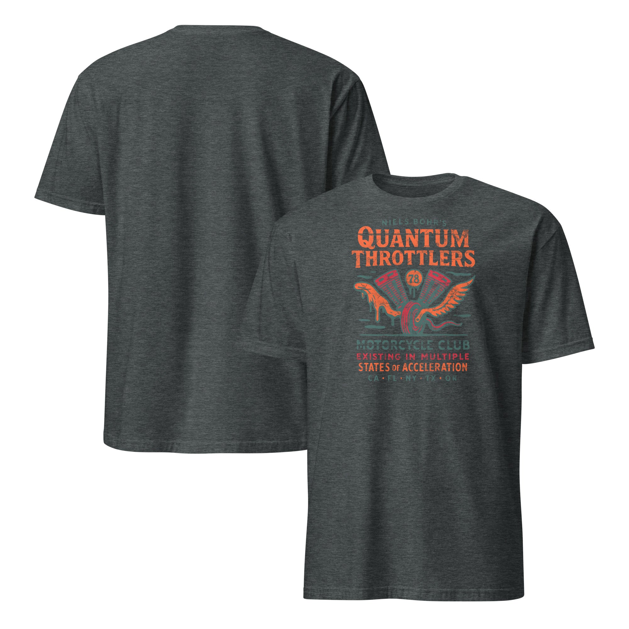Quantum Throttlers Motorcycle Club T-Shirt featuring Niels Bohr's physics theme with winged V-twin engine graphic, front and back view.