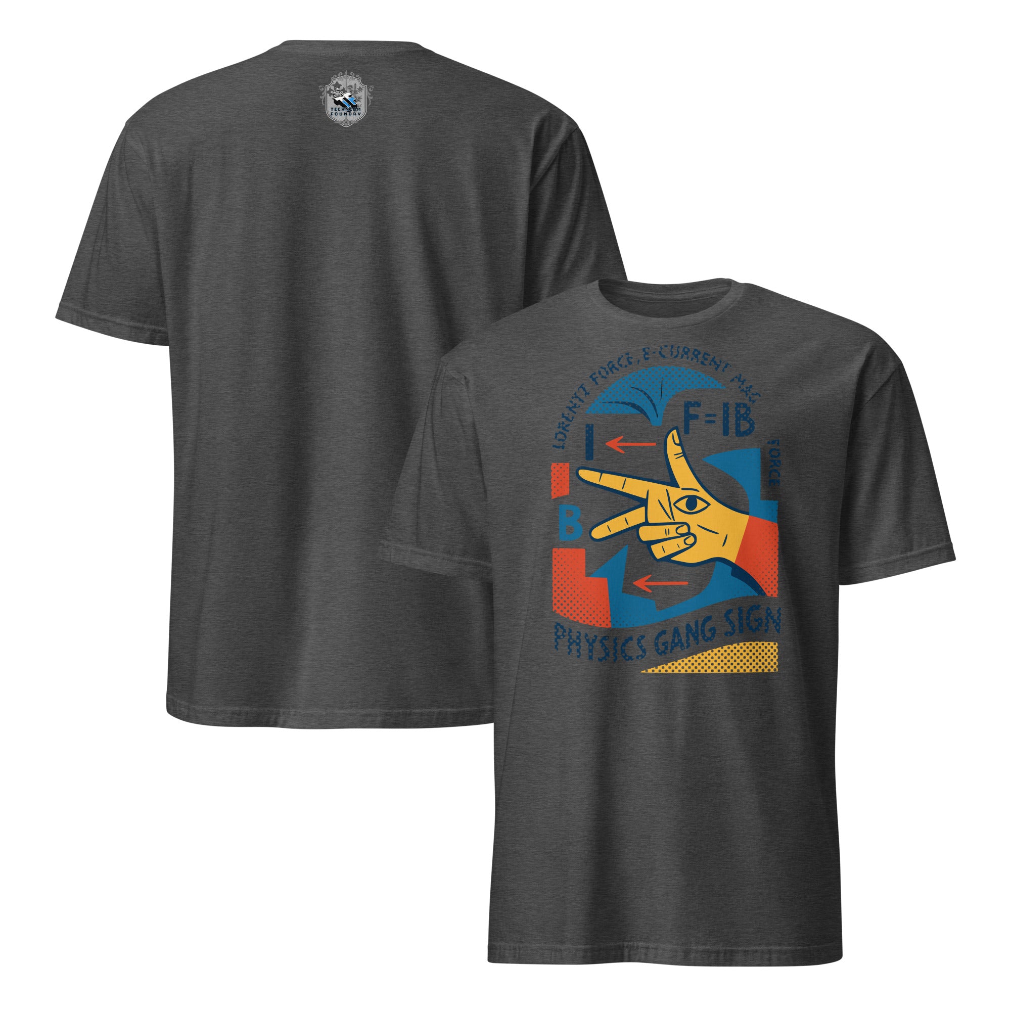 Physics Gang Sign T-Shirt with Right Hand Rule design, featuring electromagnetic symbols on a dark grey shirt.