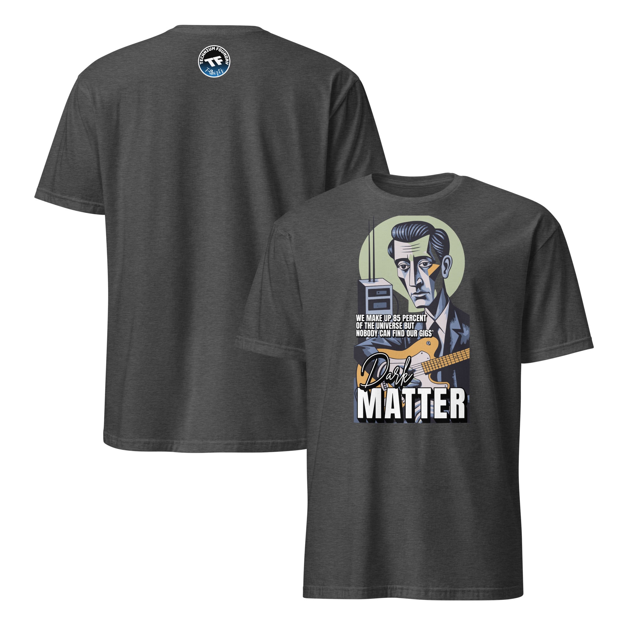 Dark Matter Band T-Shirt with humorous astrophysics design, featuring an illustration and the phrase 'Dark Matter'