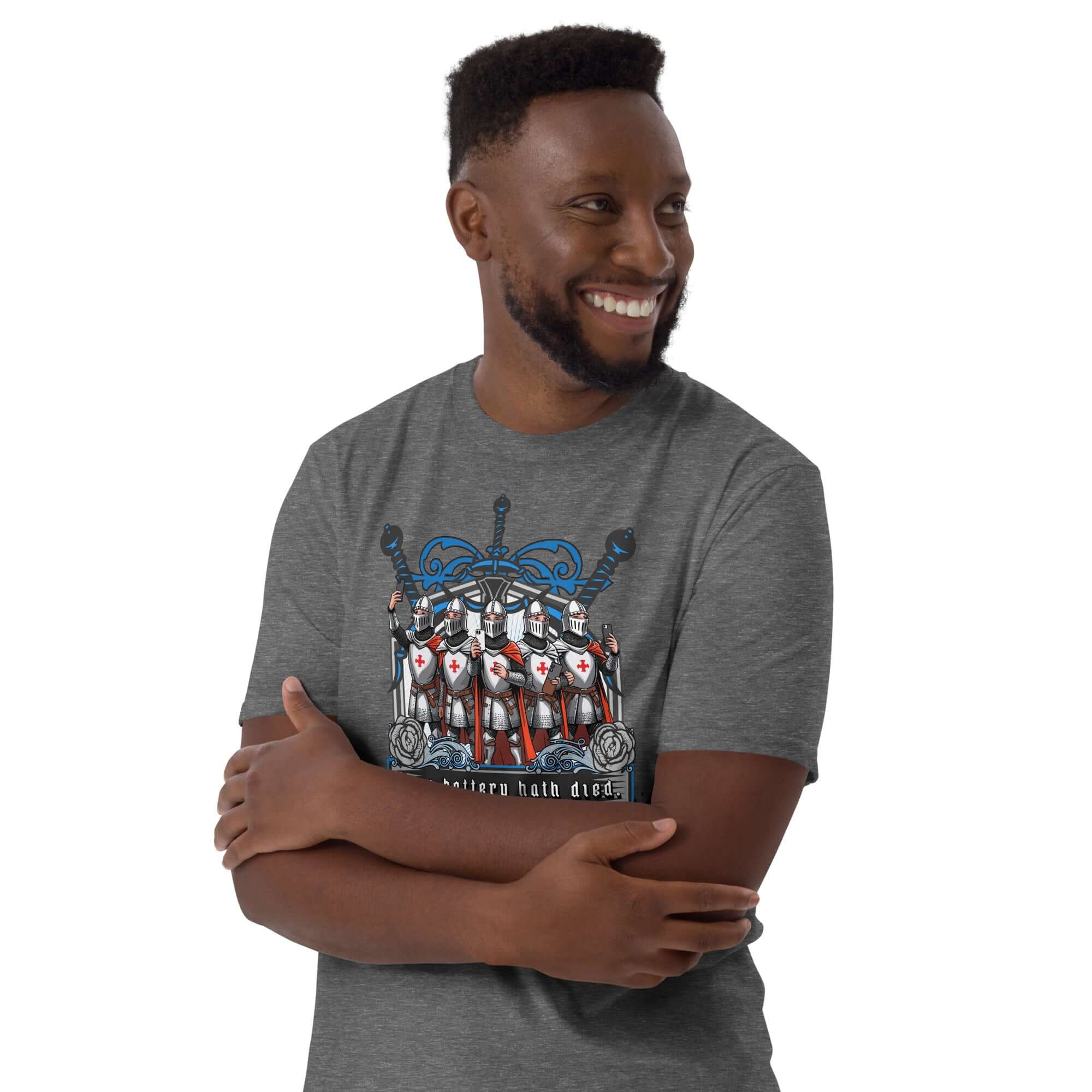 Medieval Knights Tech T-Shirt with crew-neck design, featuring crusader knights illustration and heraldic shield, worn by smiling model.