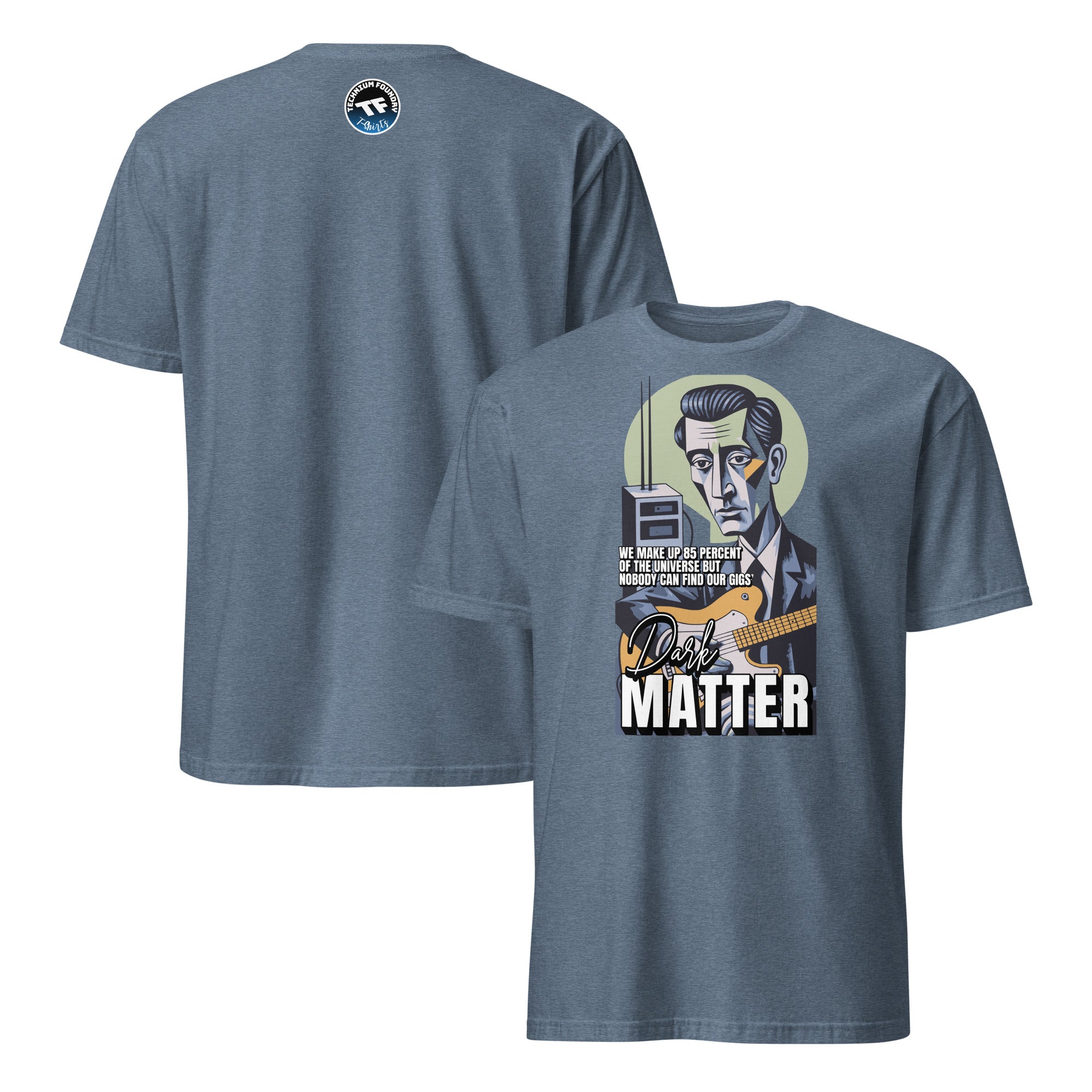 Dark Matter Band T-Shirt featuring astrophysics humor with a vintage-style illustration, front and back design.