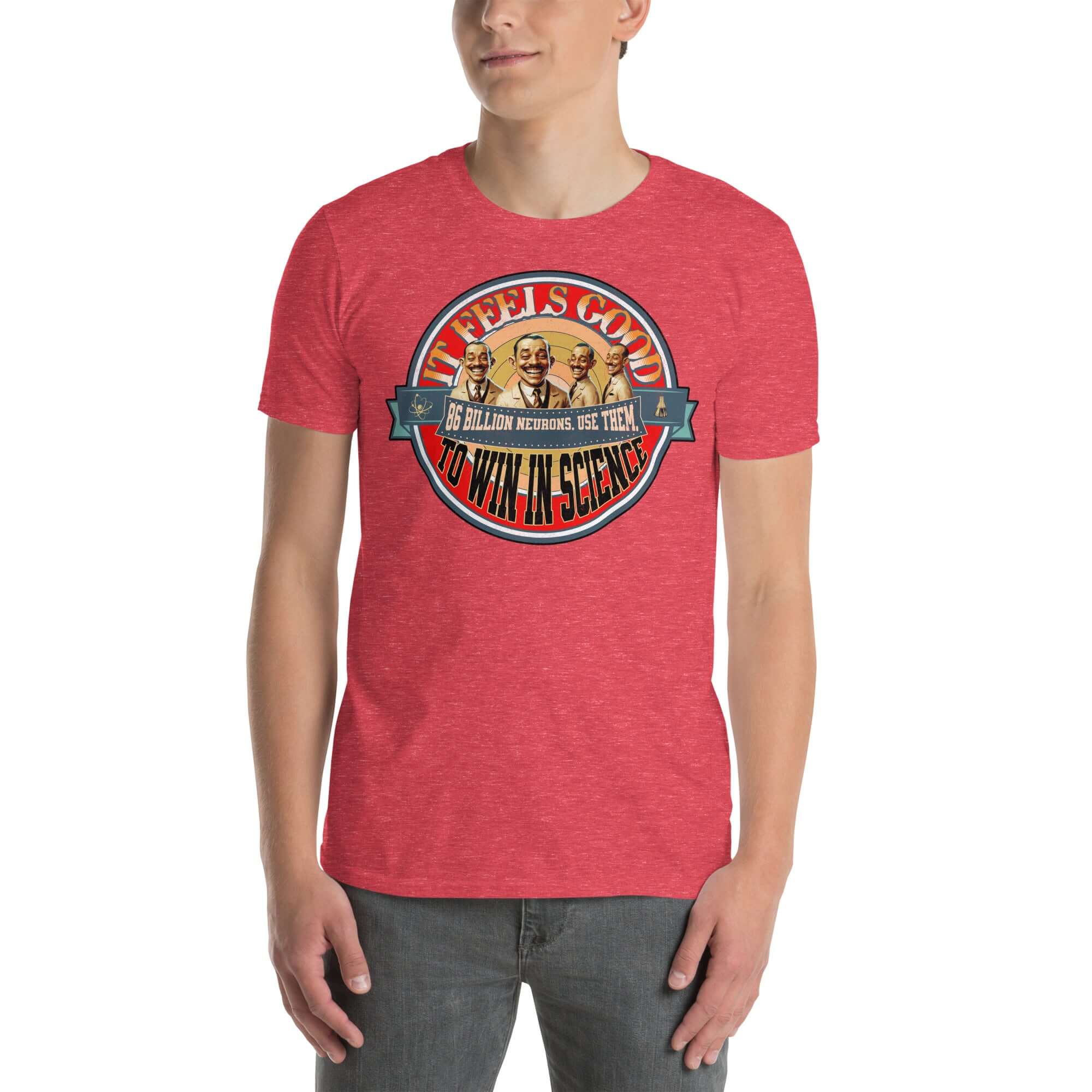 Red "It Feels Good To Win In Science" t-shirt by Academic Victory Apparel, featuring vintage excited character graphic.