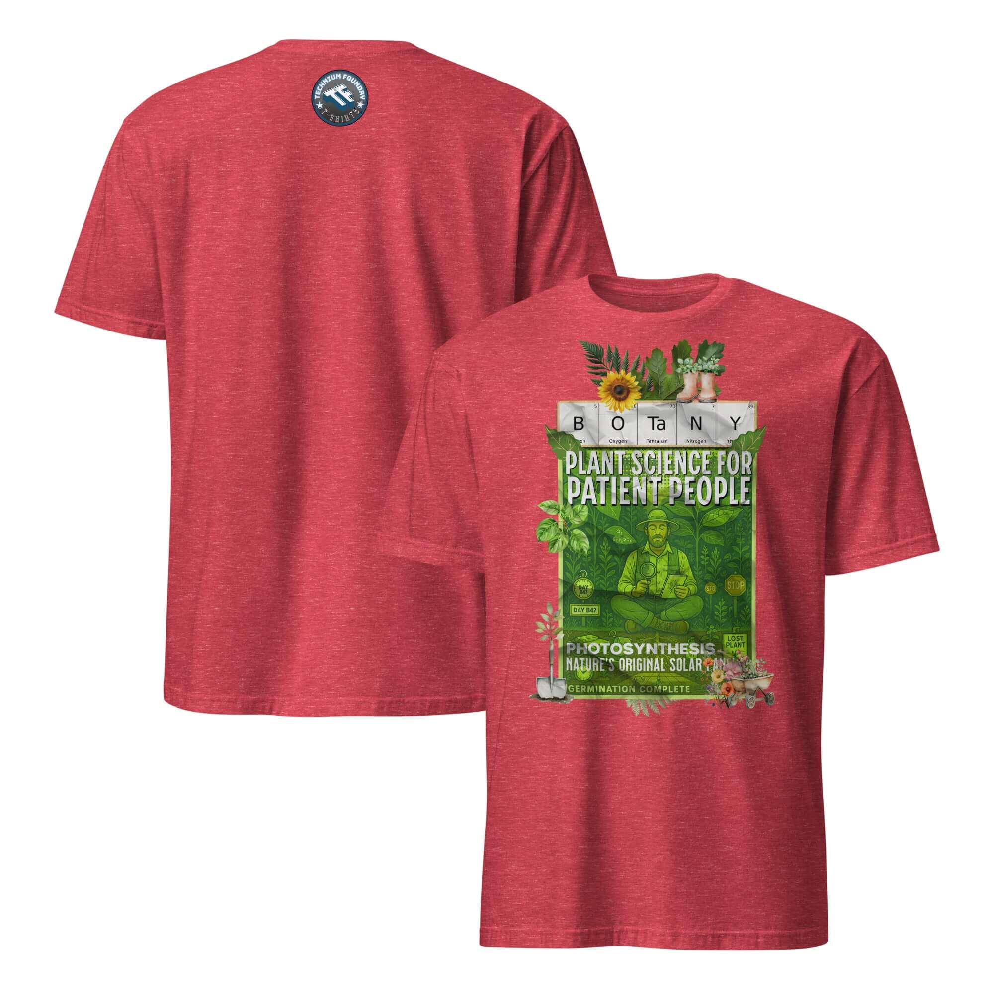 Red Botany T-shirt featuring 'Plant Science For Patient People' design, ideal for nature lovers and botanical enthusiasts.