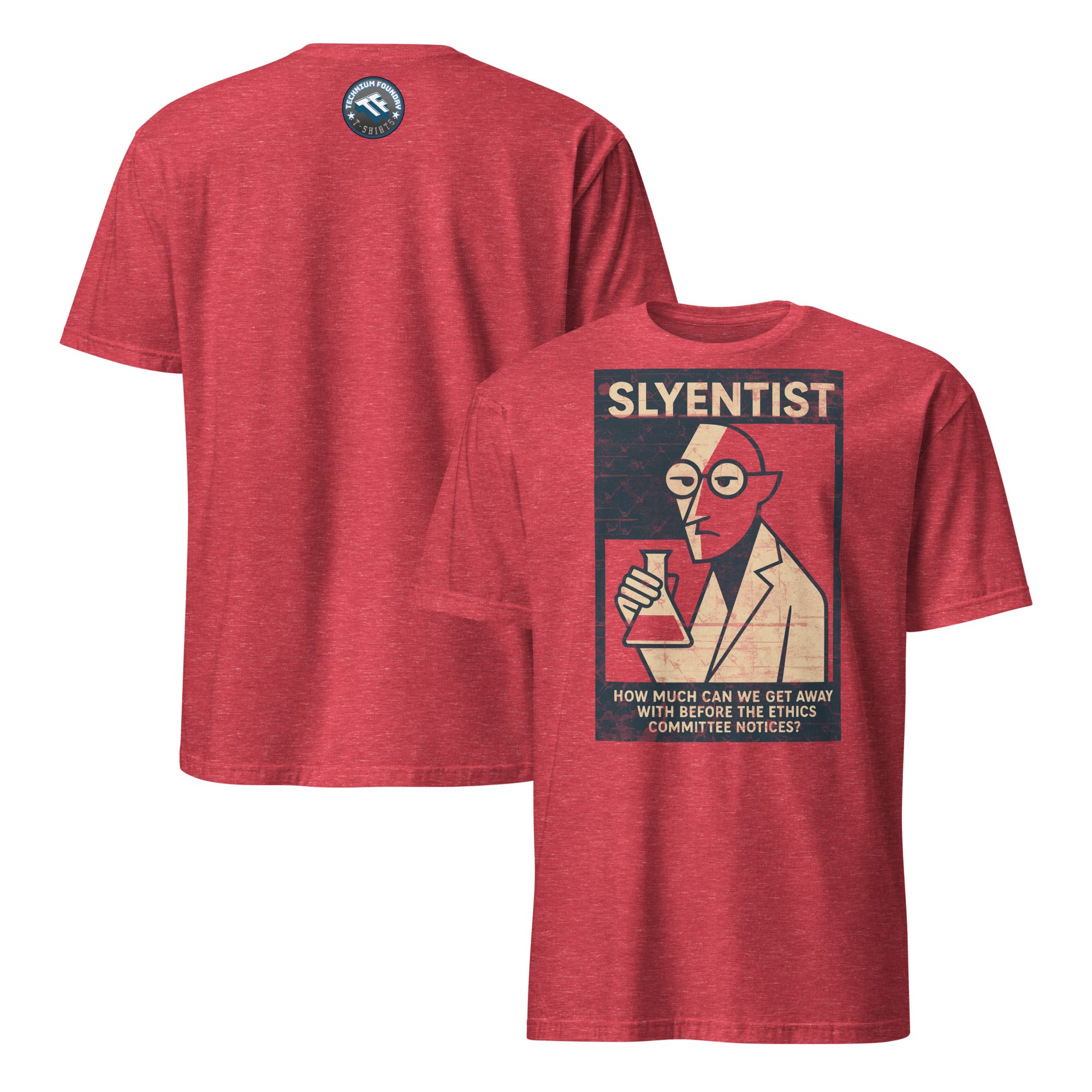Red 'I Am A Sly-entist' T-shirt featuring scientific wordplay humor design.