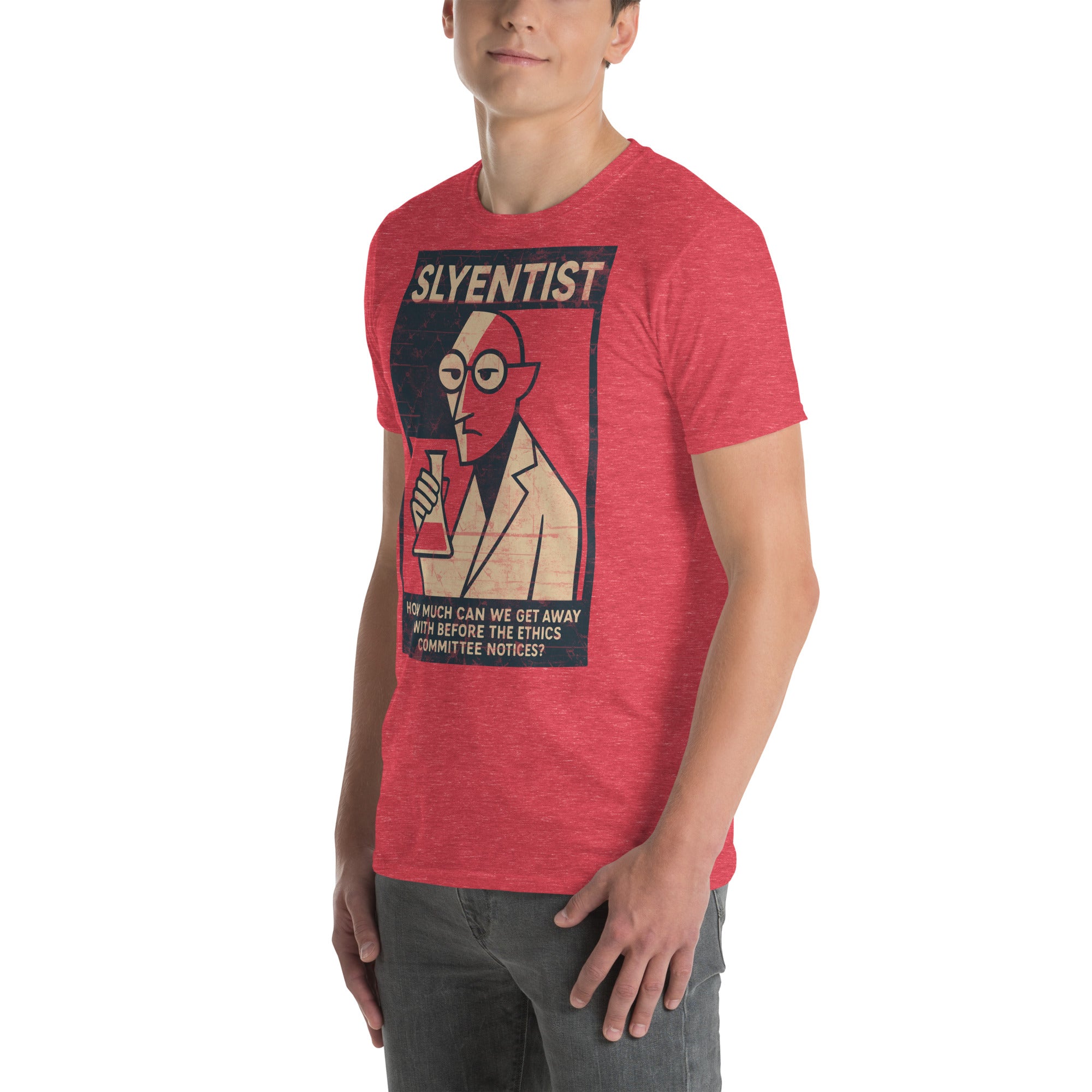 Person wearing red 'I Am A Sly-entist' T-shirt with scientific humor graphic and text design.