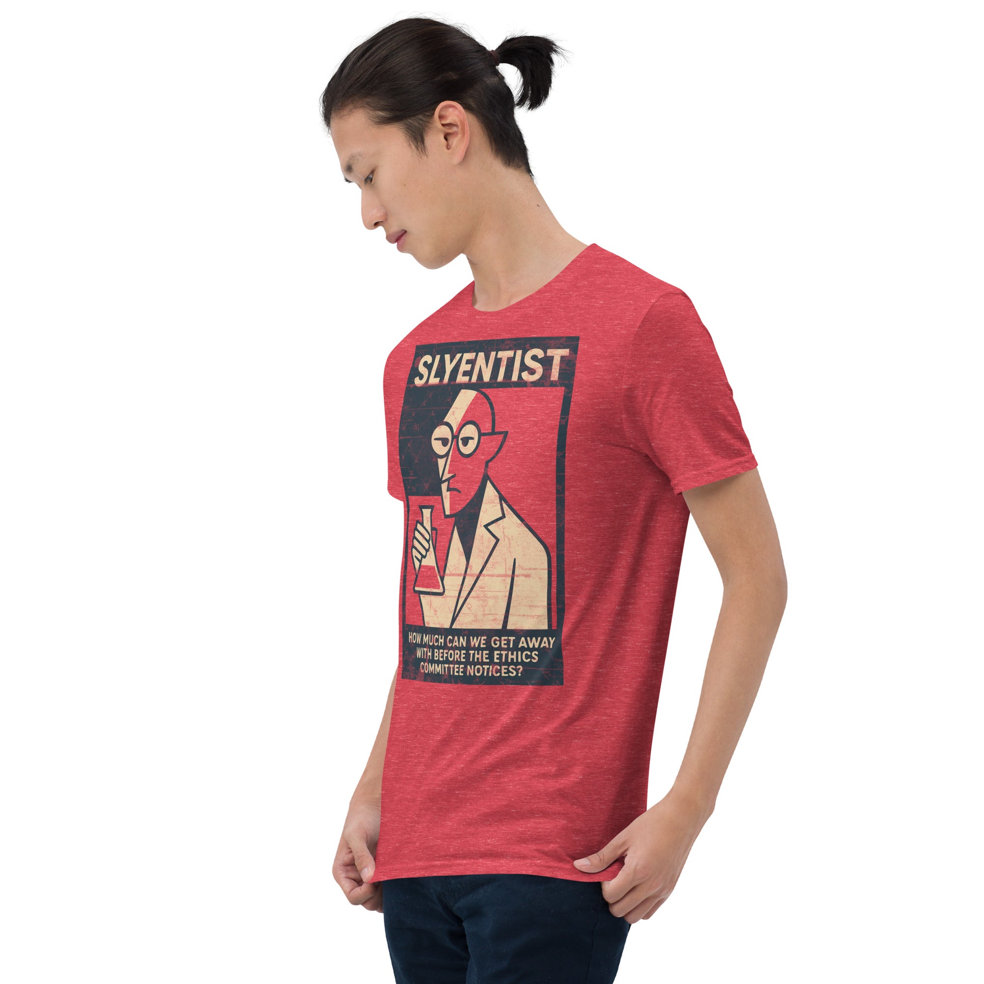 Man wearing a red 'I Am A Sly-entist' T-shirt with humorous scientific design.