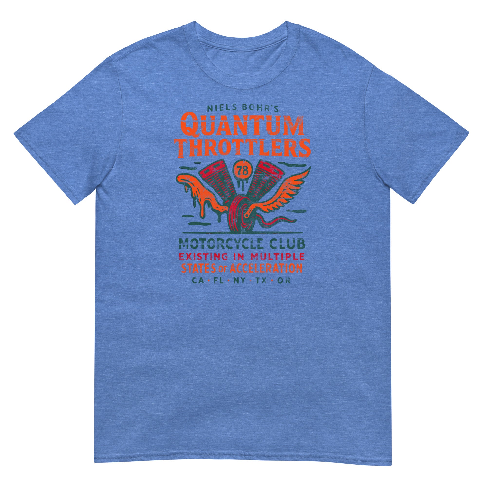 Blue "Niels Bohr's Quantum Throttlers Motorcycle Club" T-shirt with winged engine graphic, science and biker theme, size medium.