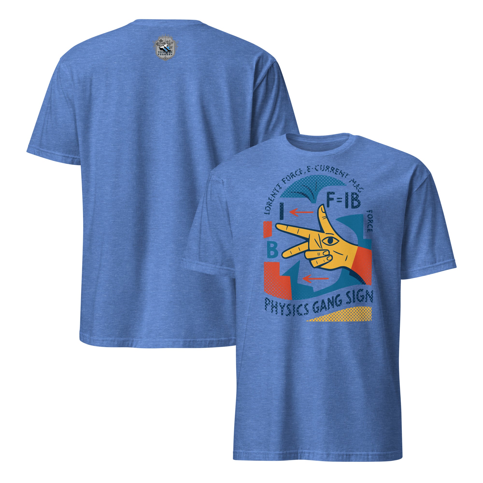 Blue Physics Gang Sign T-Shirt with Right Hand Rule Electromagnetic Design for science enthusiasts.