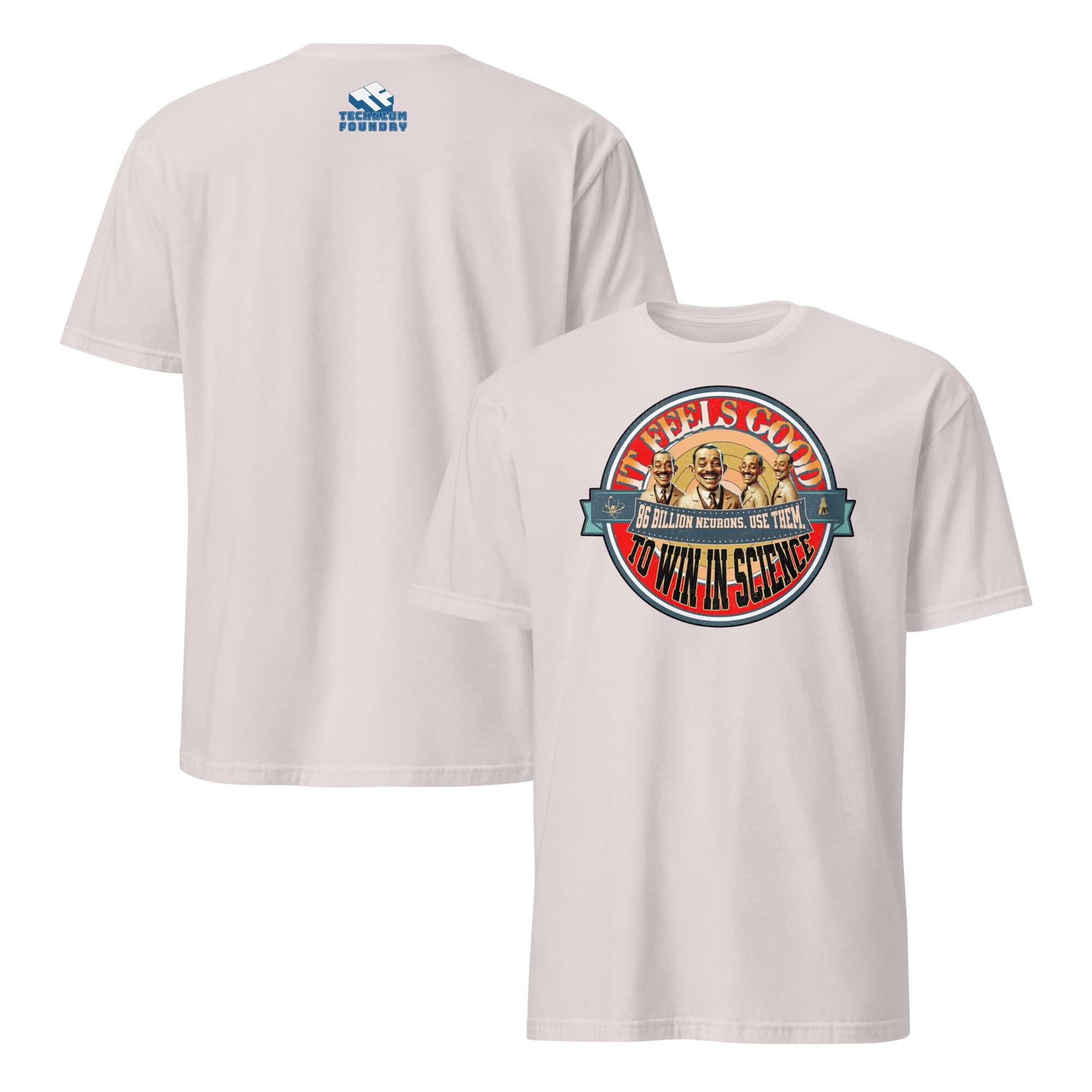 "It Feels Good To Win In Science" T-shirt highlighting academic victory with vintage character design.