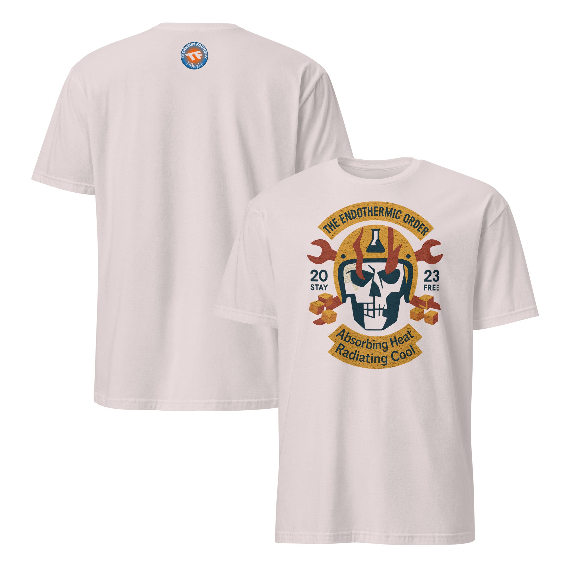 The Endothermic Order Motorcycle Club T-Shirt featuring a skull with helmet and temperature gauge by Thermodynamic Apparel.