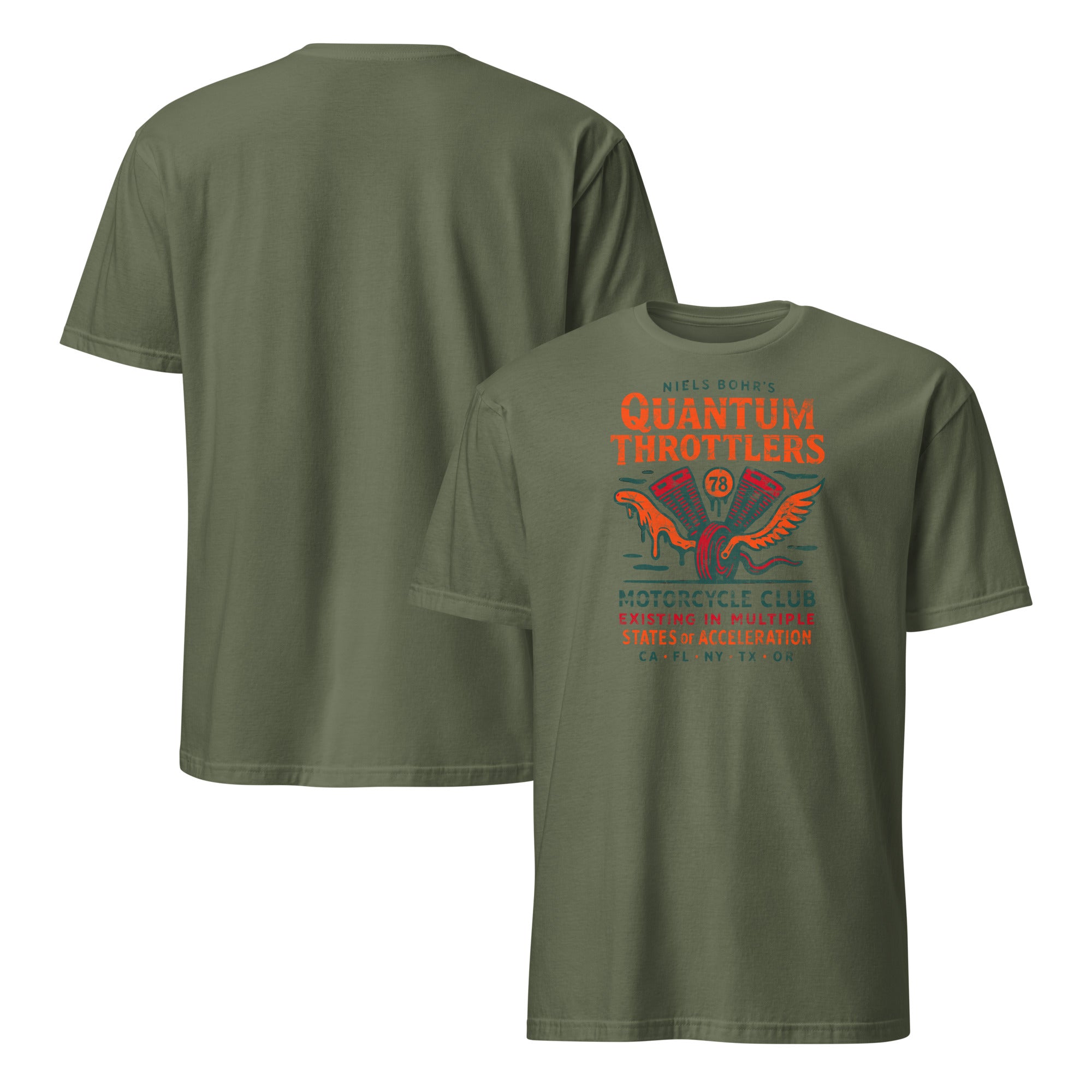 Quantum Throttlers Motorcycle Club T-Shirt with Niels Bohr Physics design