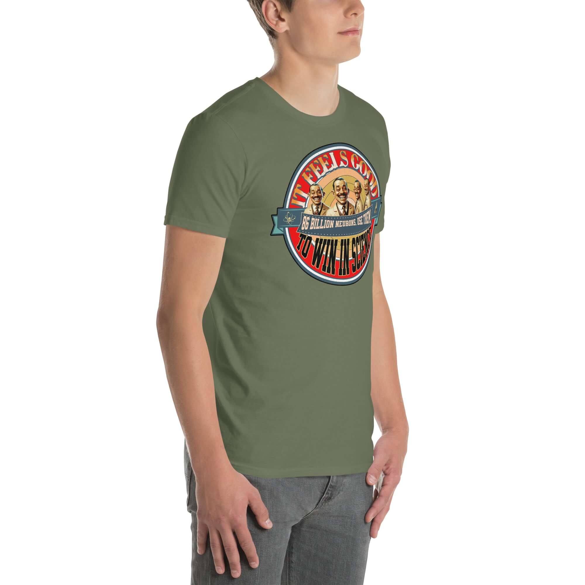 Model wearing "It Feels Good To Win In Science" T-shirt by Academic Victory Apparel, showcasing vintage character design on olive green tee.