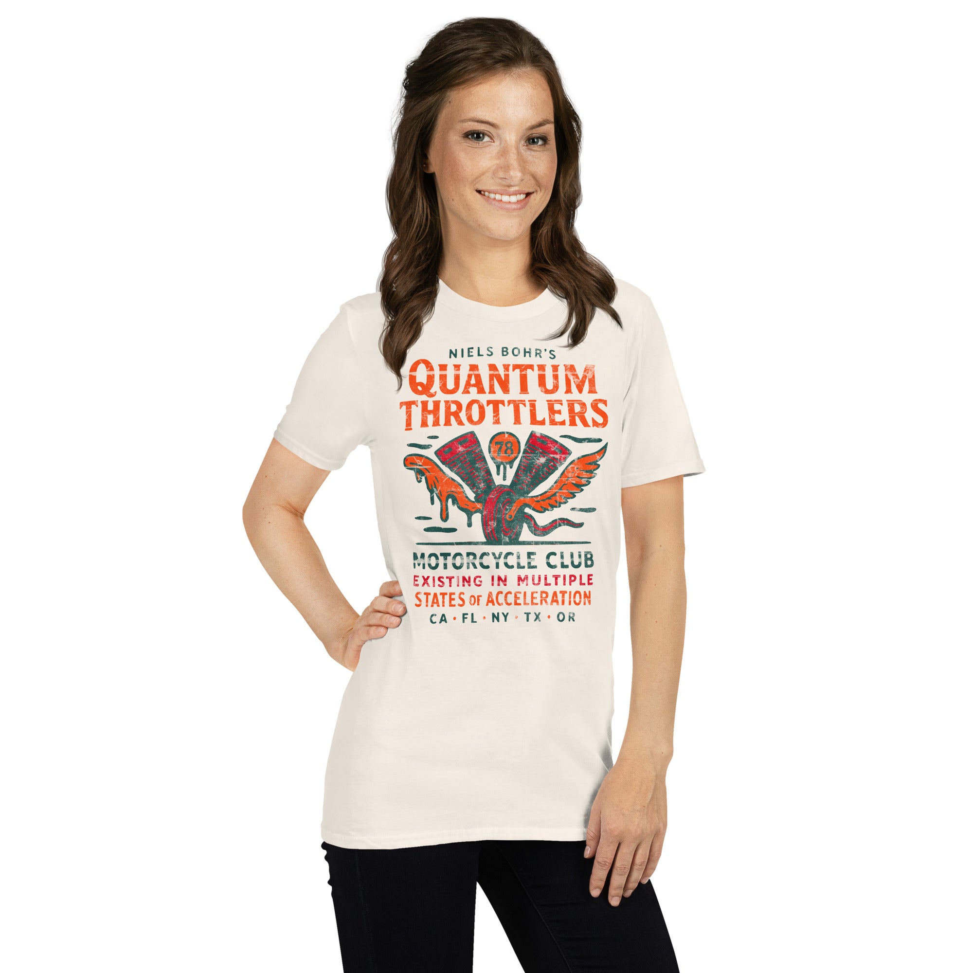 Woman wearing Niels Bohr Quantum Throttlers Motorcycle Club T-shirt with winged V-twin engine design.