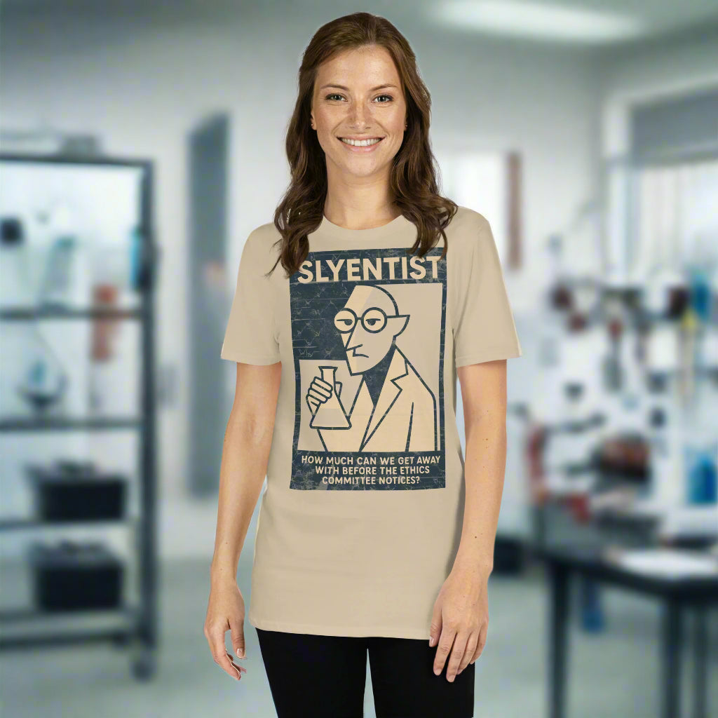 Woman wearing "I Am A Sly-entist" T-shirt showcasing scientific humor in a laboratory setting
