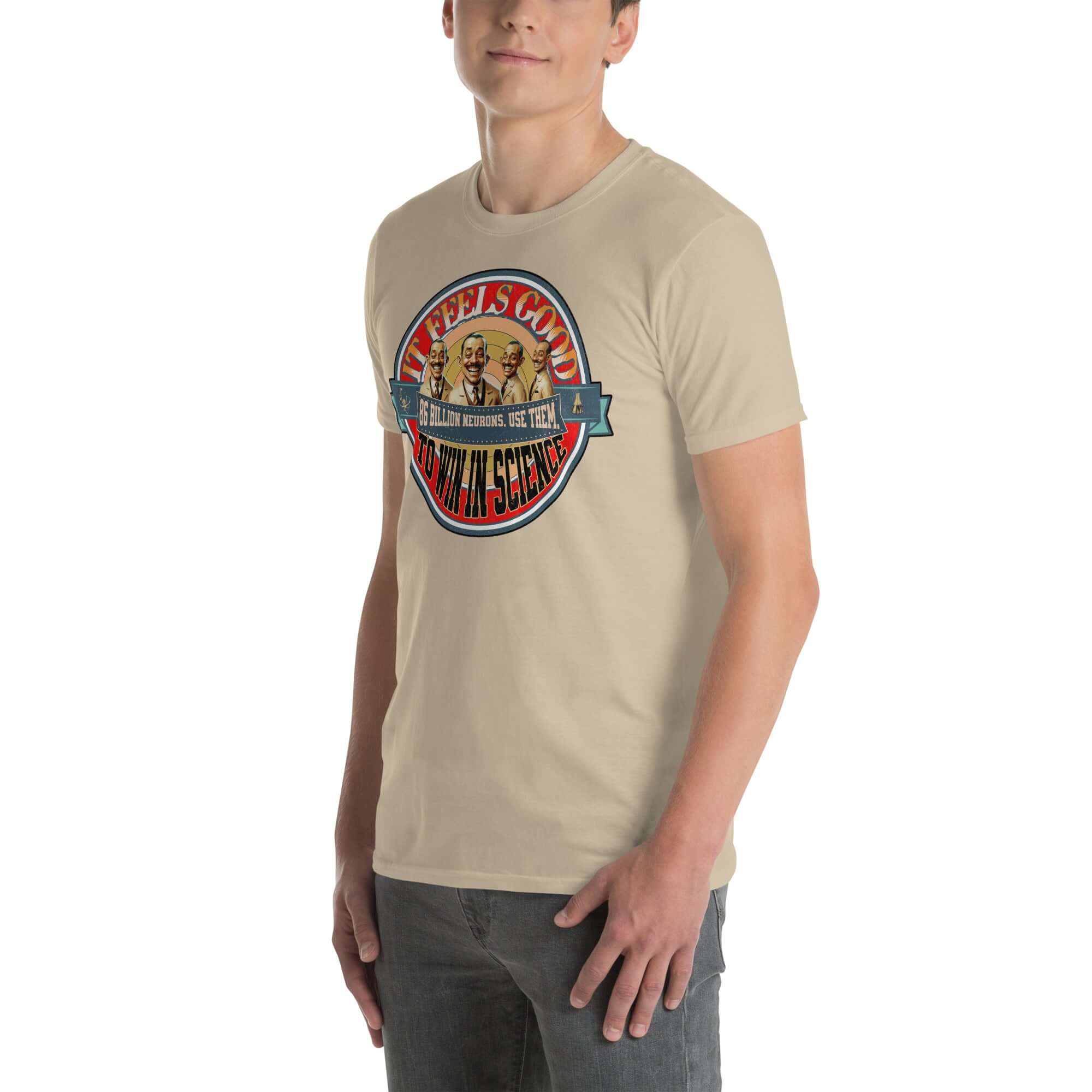 Man wearing 'It Feels Good To Win In Science' academic victory t-shirt, featuring a vintage design celebrating scientific breakthroughs.