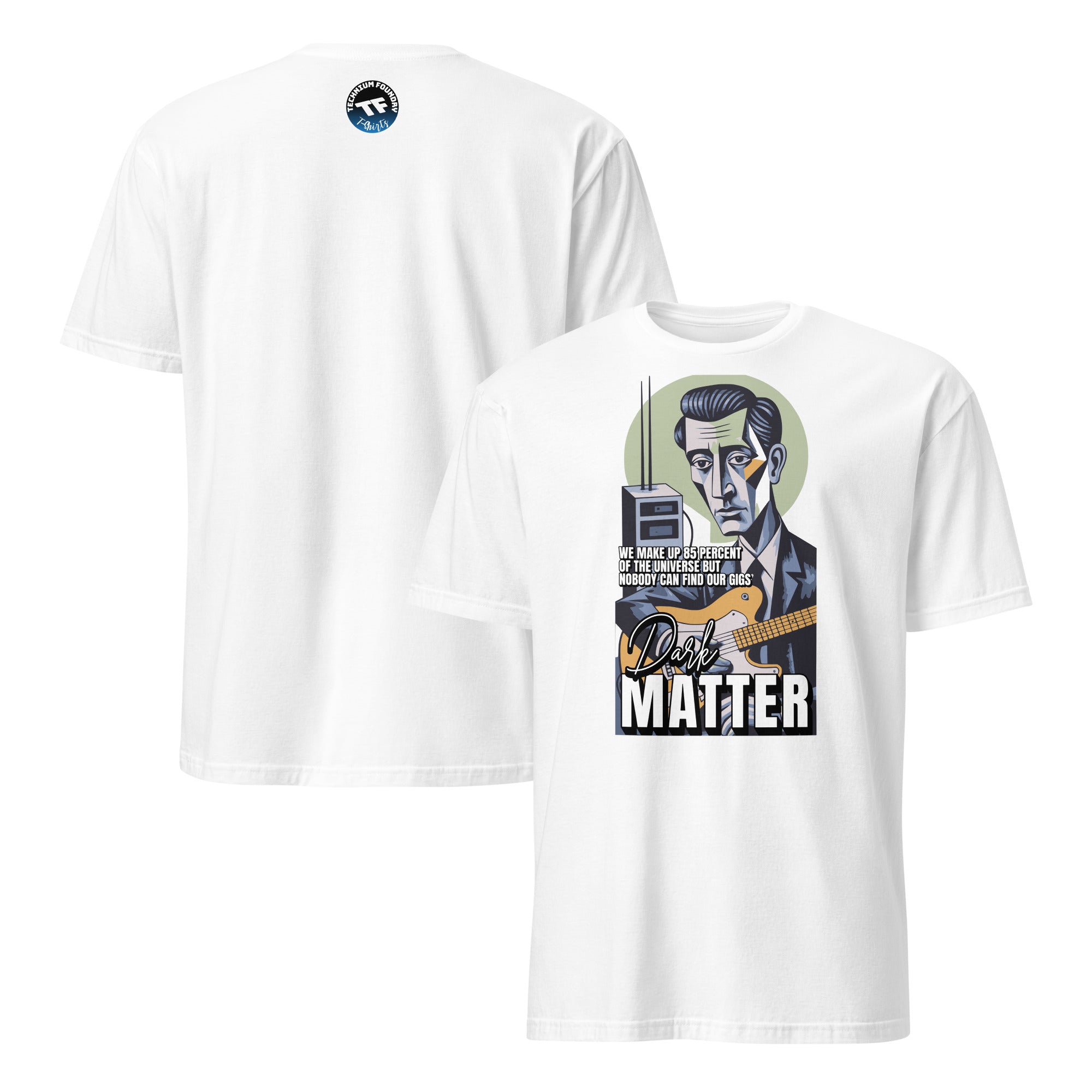 Dark Matter Band T-Shirt featuring humorous astrophysics design with a playful cosmic theme, showcasing unique universe humor.