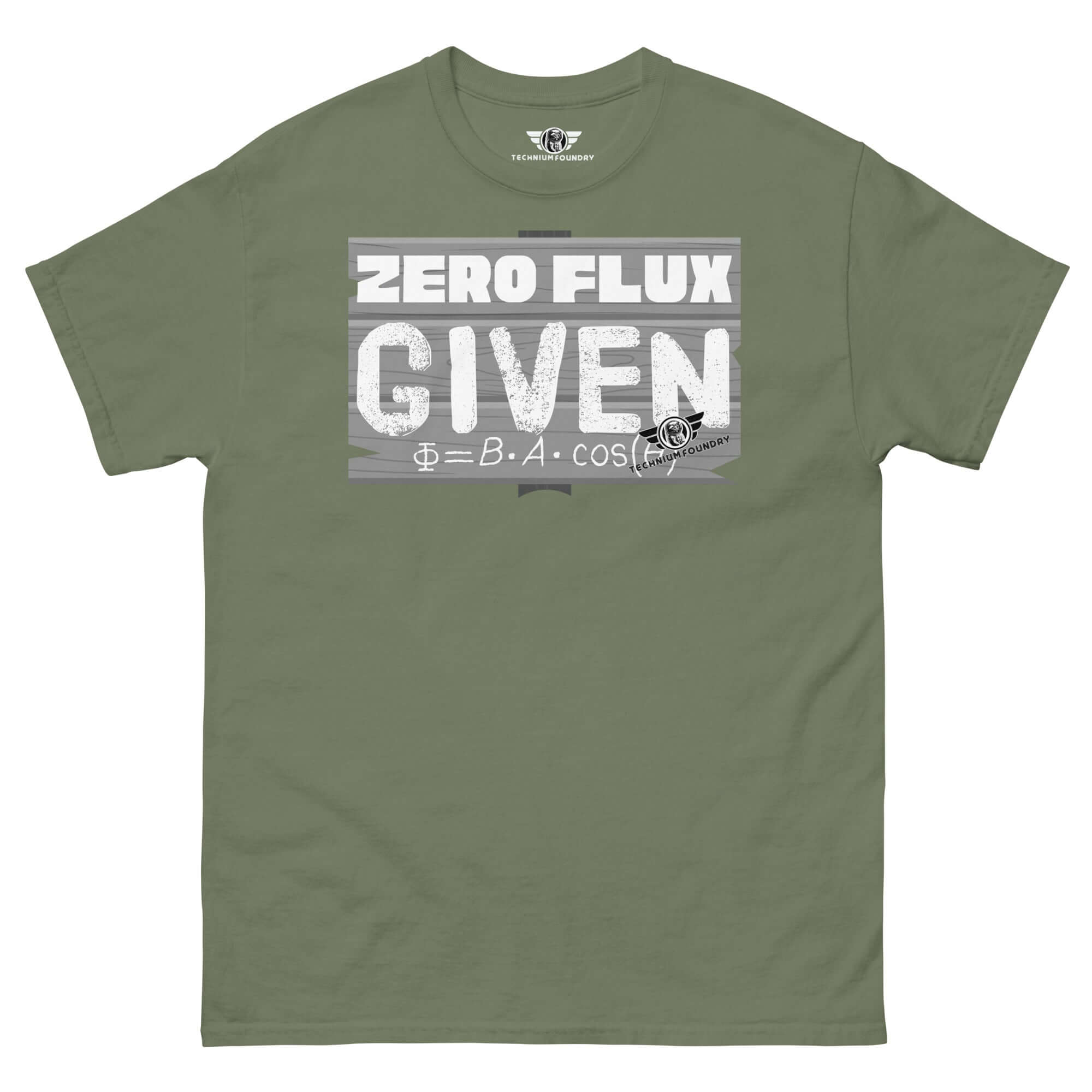 Zero Flux Given physics t-shirt with magnetic field equation, showcasing scientific humor and chalkboard-style design.