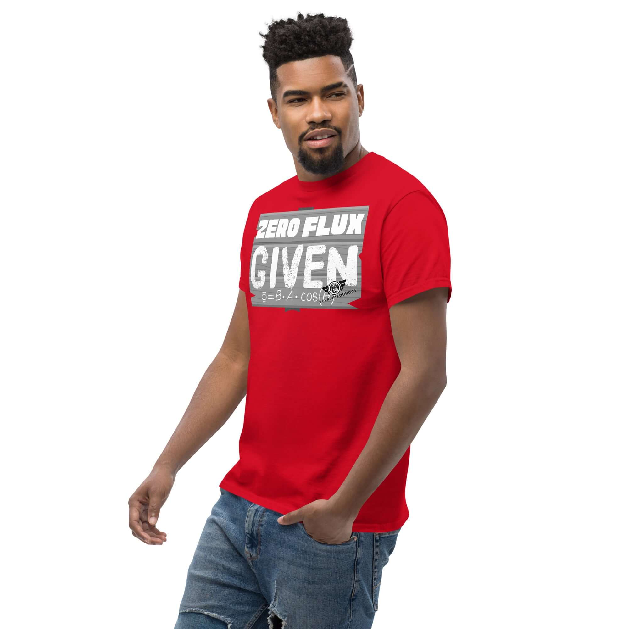 Red "Zero Flux Given" t-shirt with magnetic flux equation, featuring scientific humor in a chalkboard-style design.