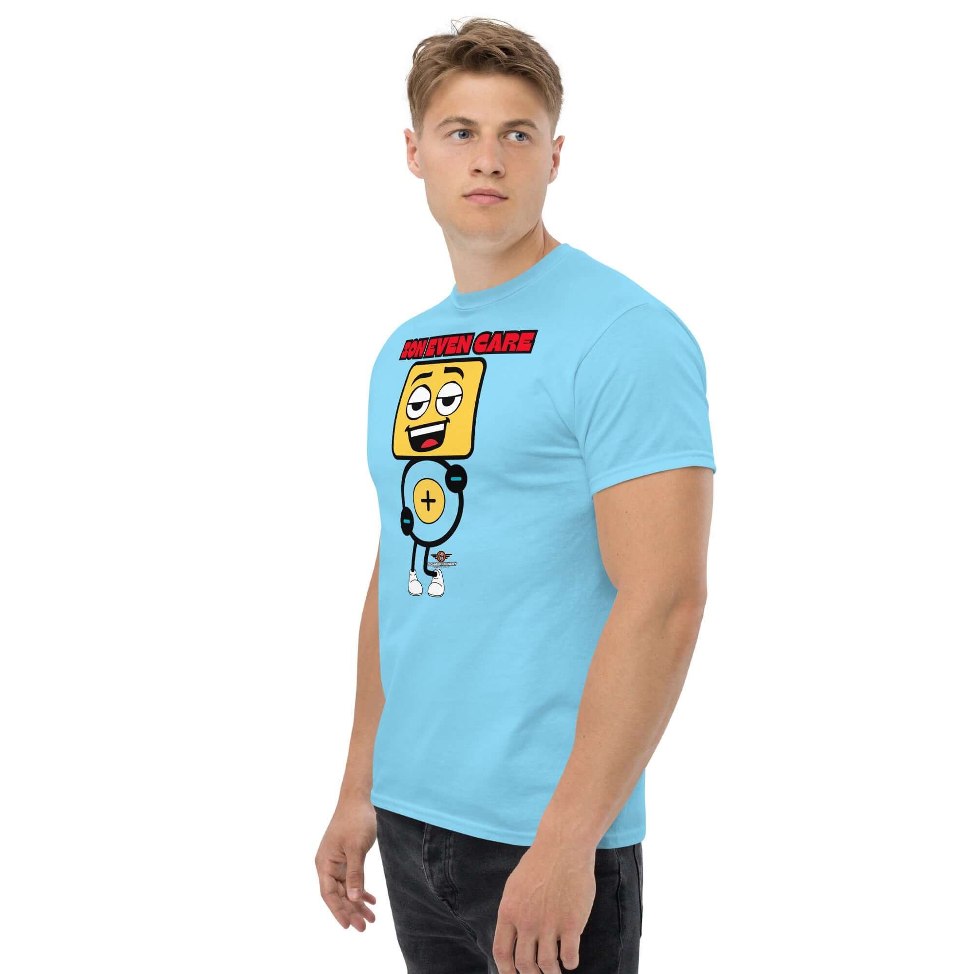 Man wearing Ion Even Care t-shirt with apathetic atomic character graphic. Casual chemistry-themed fashion.