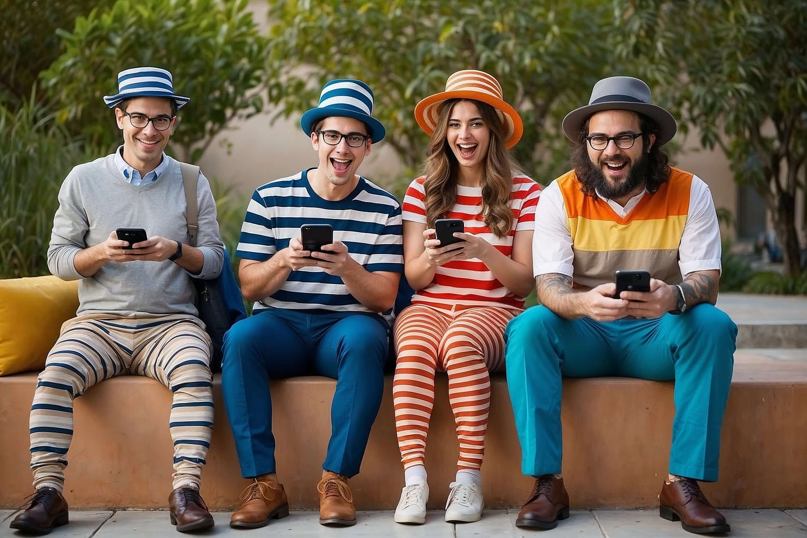 Four people in colorful striped outfits sitting outdoors, smiling and using smartphones.