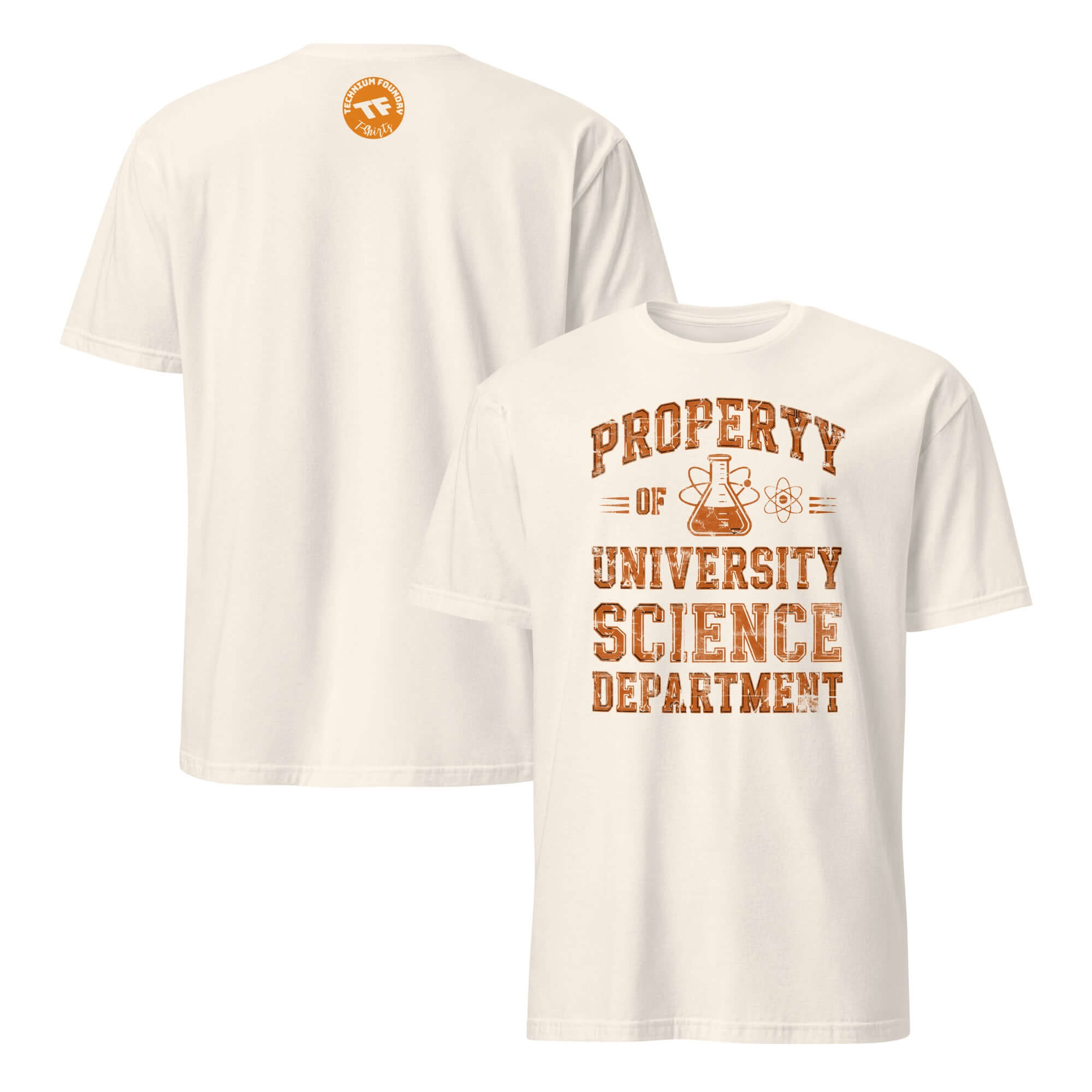 White t-shirt displaying 'Property of University Science Department' text, perfect for collegiate science pride and academic spirit.