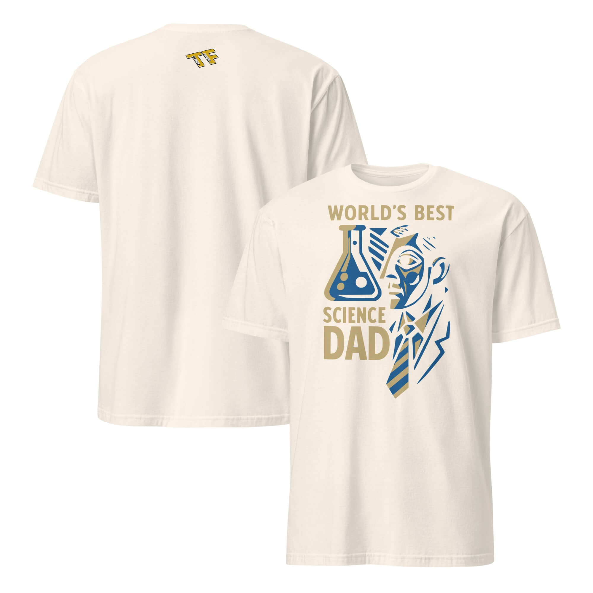 White T-shirt with 'World's Best Science Dad' graphic, featuring a science-themed design. Ideal Father's Day gift for science-loving dads.