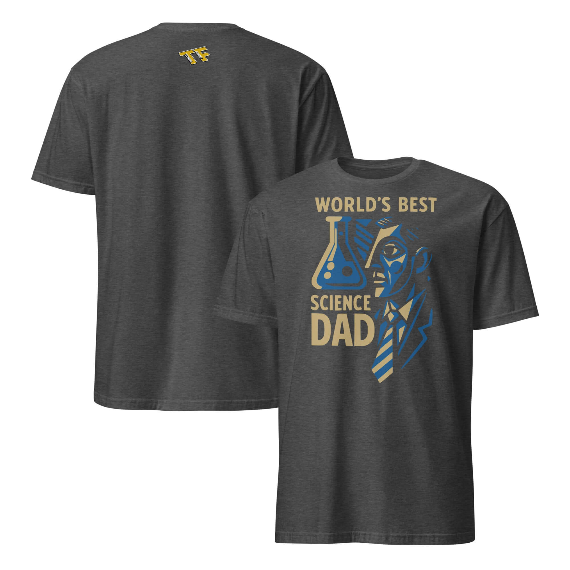 Front and back view of 'World's Best Science Dad' T-shirt, featuring a scientific design. Perfect Father's Day gift.