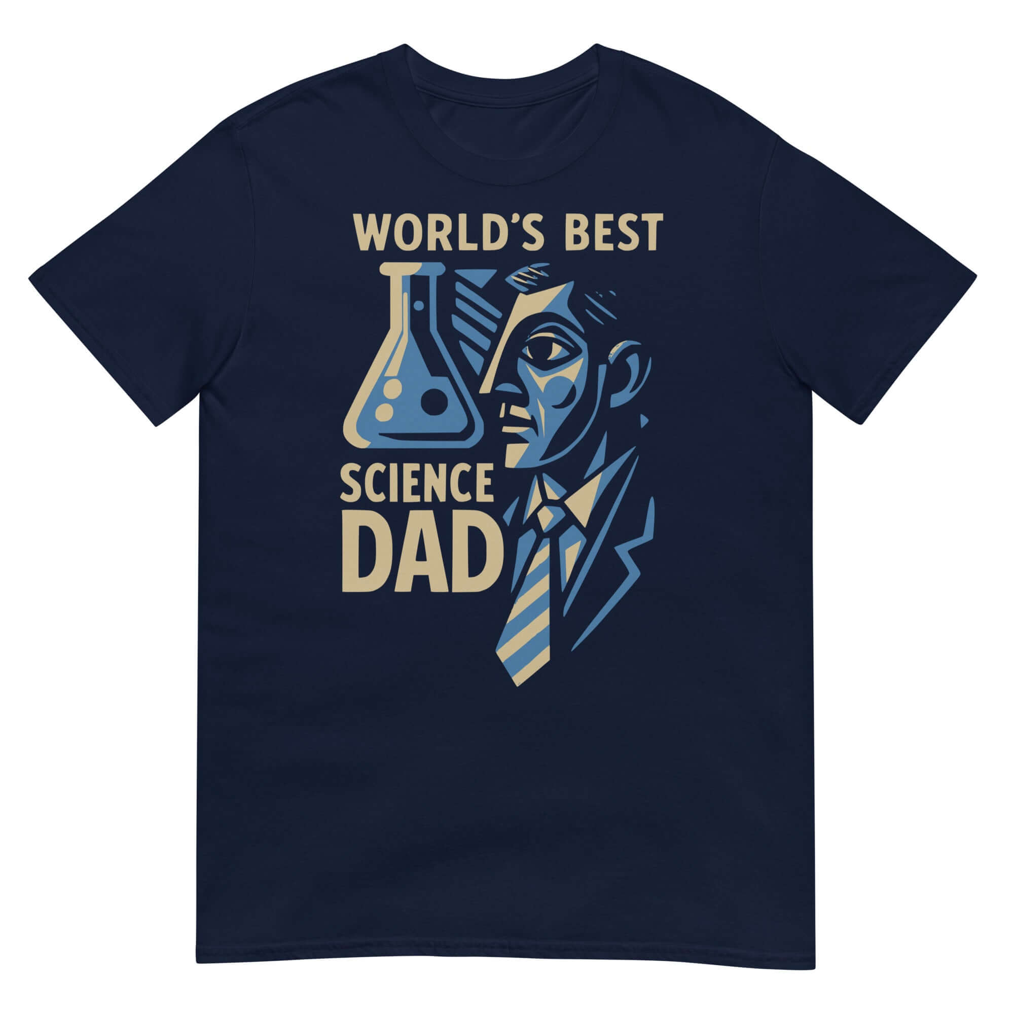 World's Best Science Dad T-Shirt with beaker and scientist design; perfect Father's Day gift for scientifically-minded dads.