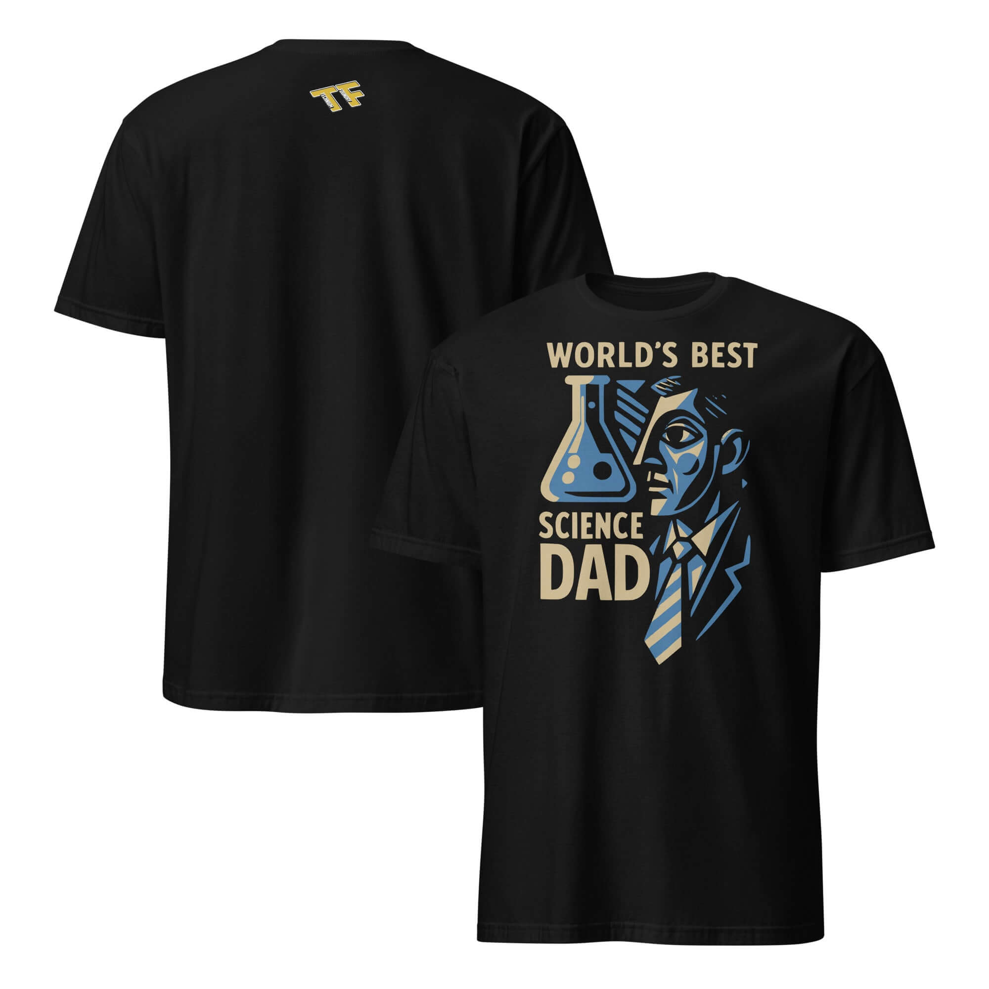 Black T-shirt with "World's Best Science Dad" design featuring a science-themed artwork, perfect for Father's Day gift.