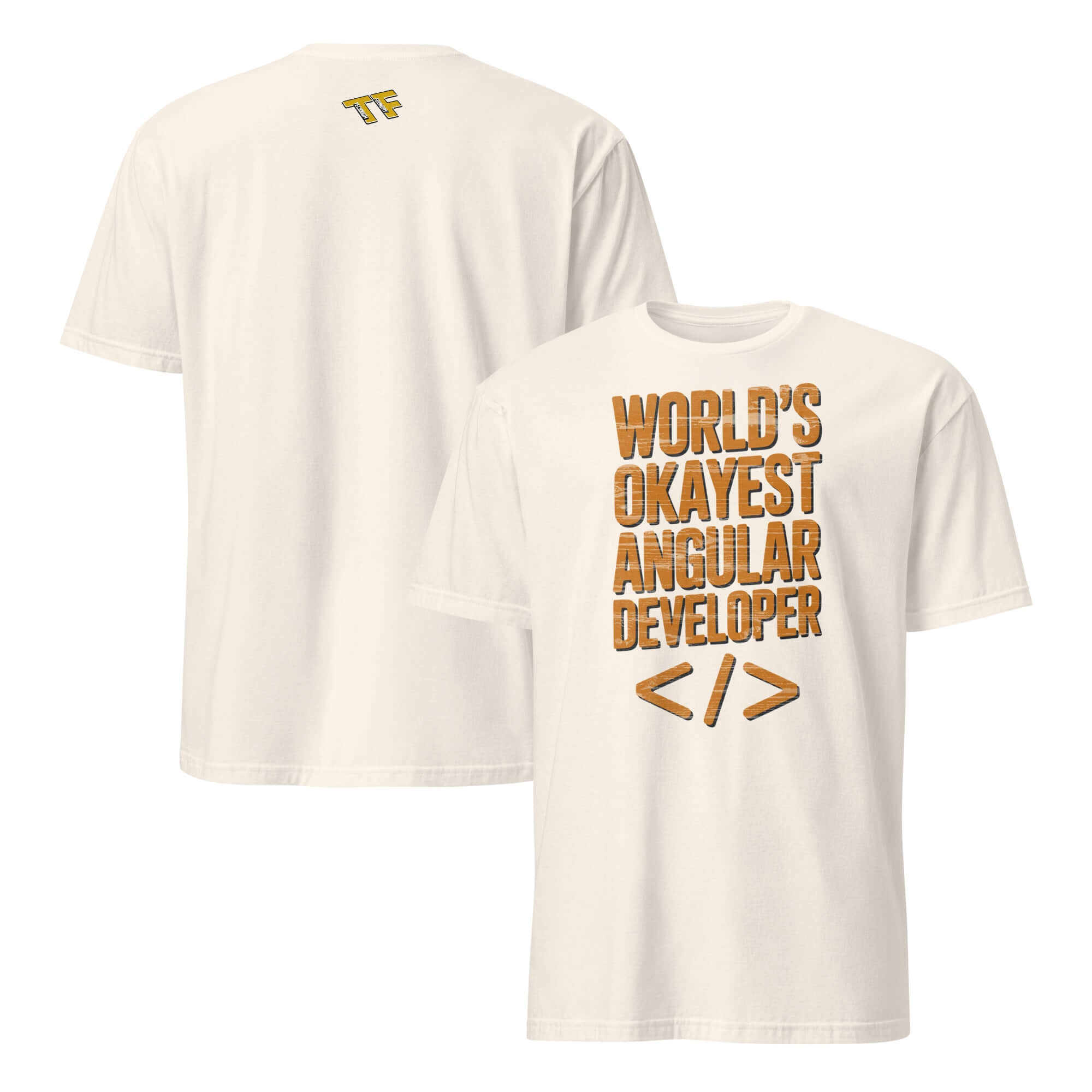 Angular Developer T-Shirt featuring "World's Okayest Angular Developer" print, perfect for TypeScript programming enthusiasts.