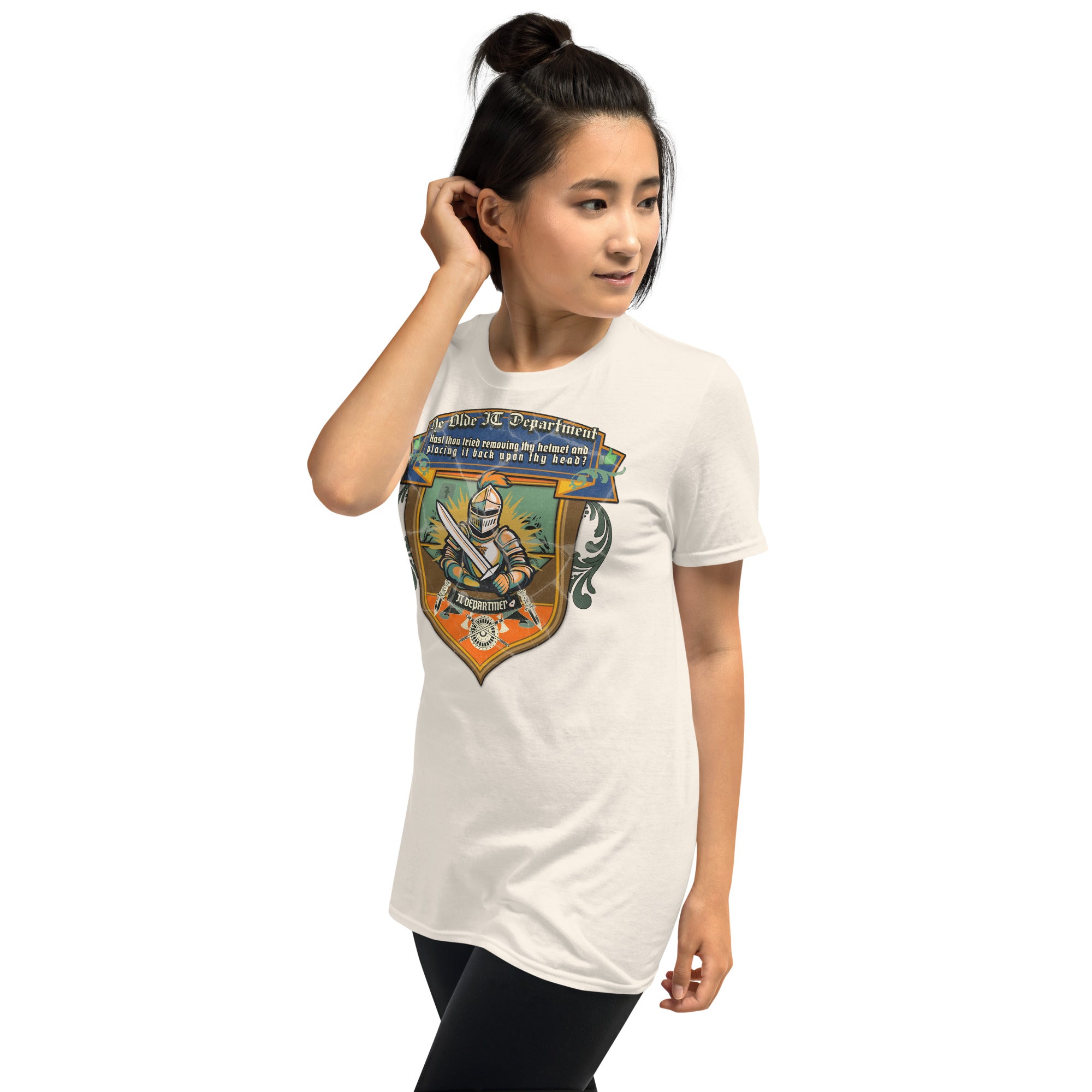 Woman wearing Ye Olde IT Department T-Shirt with medieval tech support knight design.