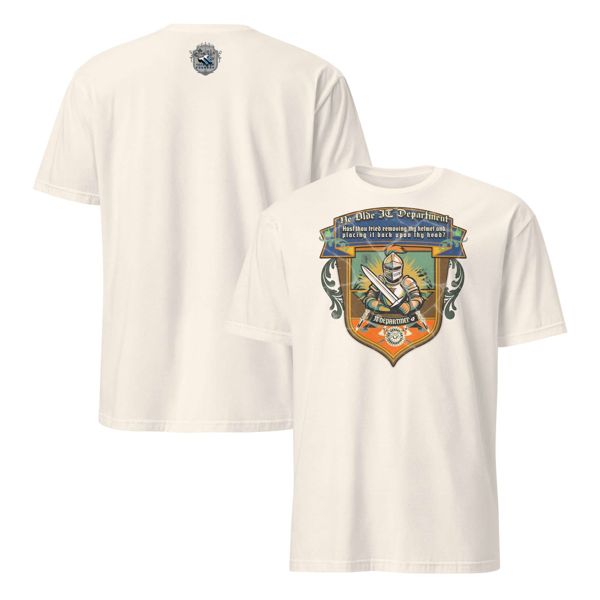 Ye Olde IT Department T-Shirt with medieval tech support humor featuring a knight on the back. Perfect for tech-savvy jesters!