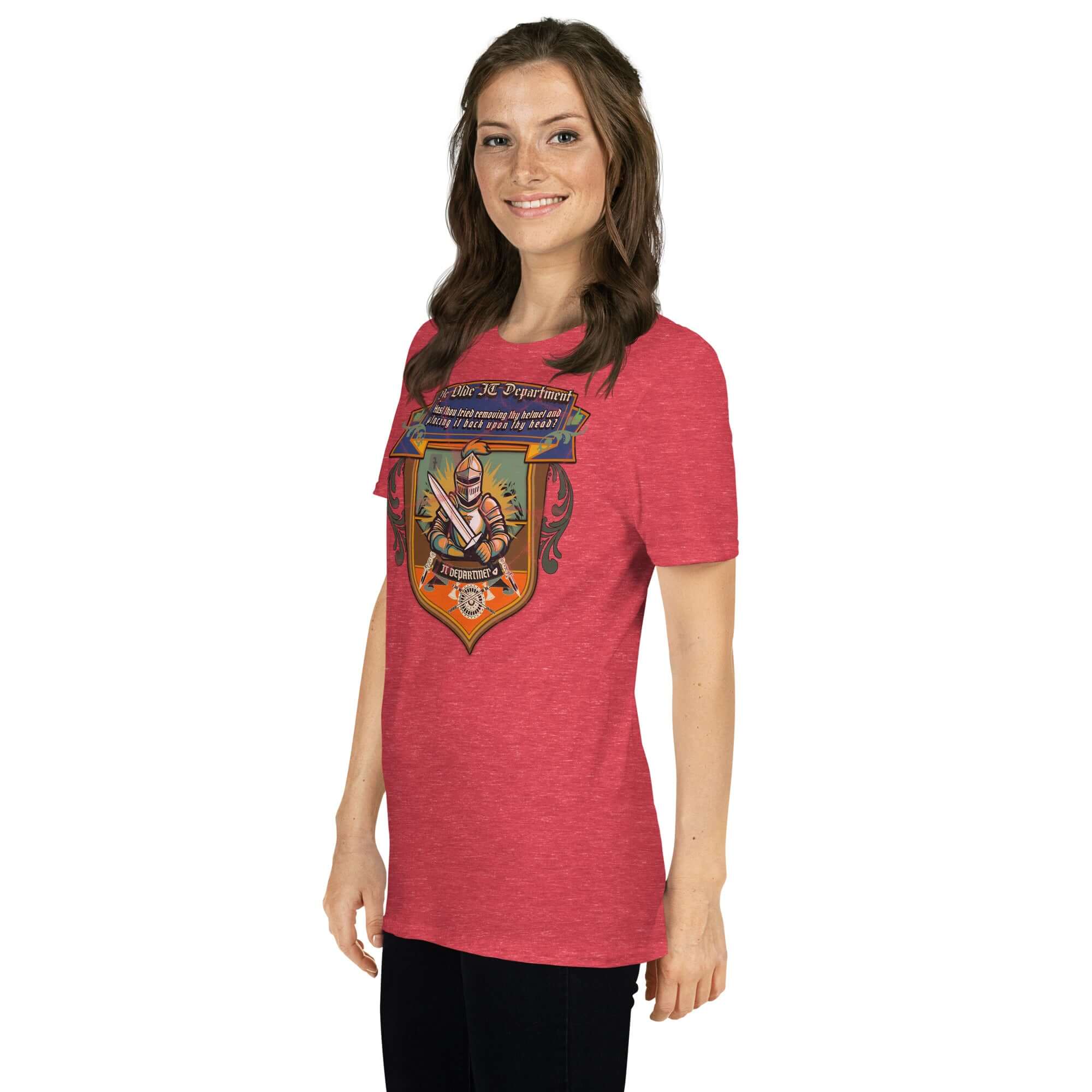 Woman wearing 'Ye Olde IT Department' medieval tech support humor t-shirt, featuring knight design on red fabric.