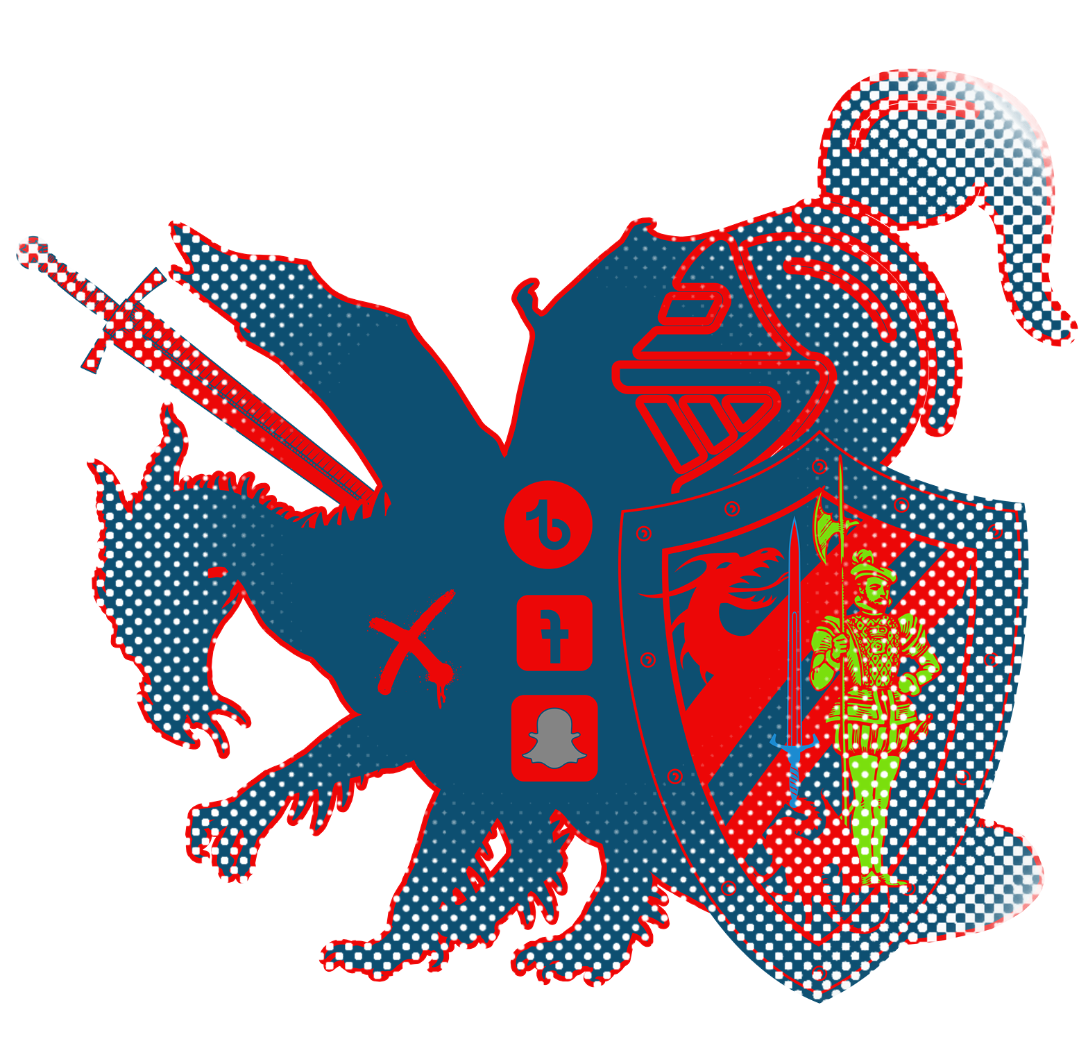 Modern Knight design blending medieval knight with social media icons, symbolizing chivalry in the digital age. Shirts collection image.