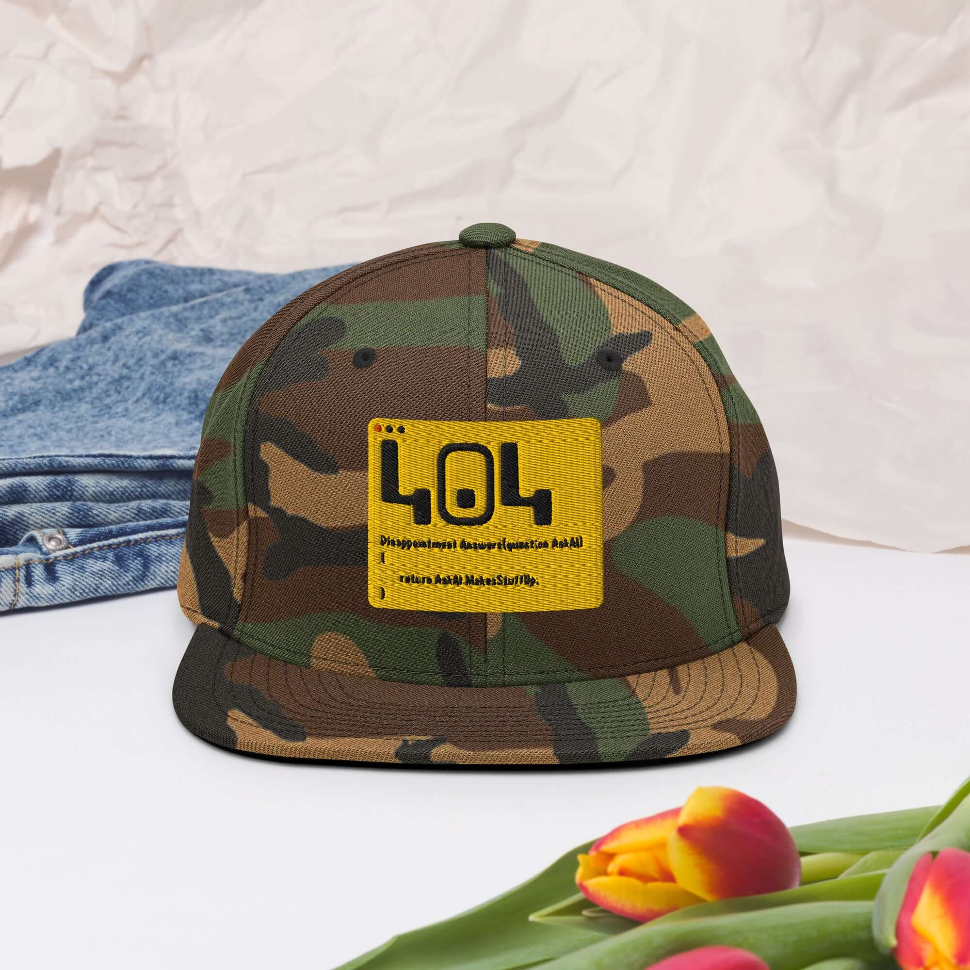 Camo snapback hat with 404 error code design, showcasing developer humor and stylish headwear.