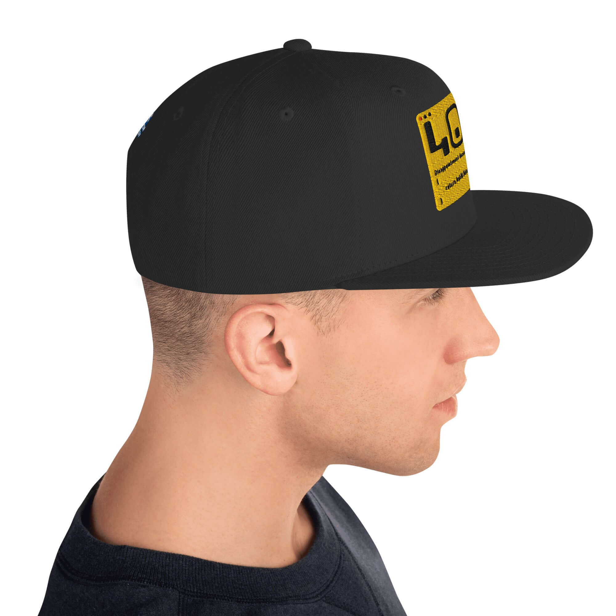 Man wearing 404 Disappointment Hat, black snapback with error code embroidery for developer humor; tech-themed headwear fashion.