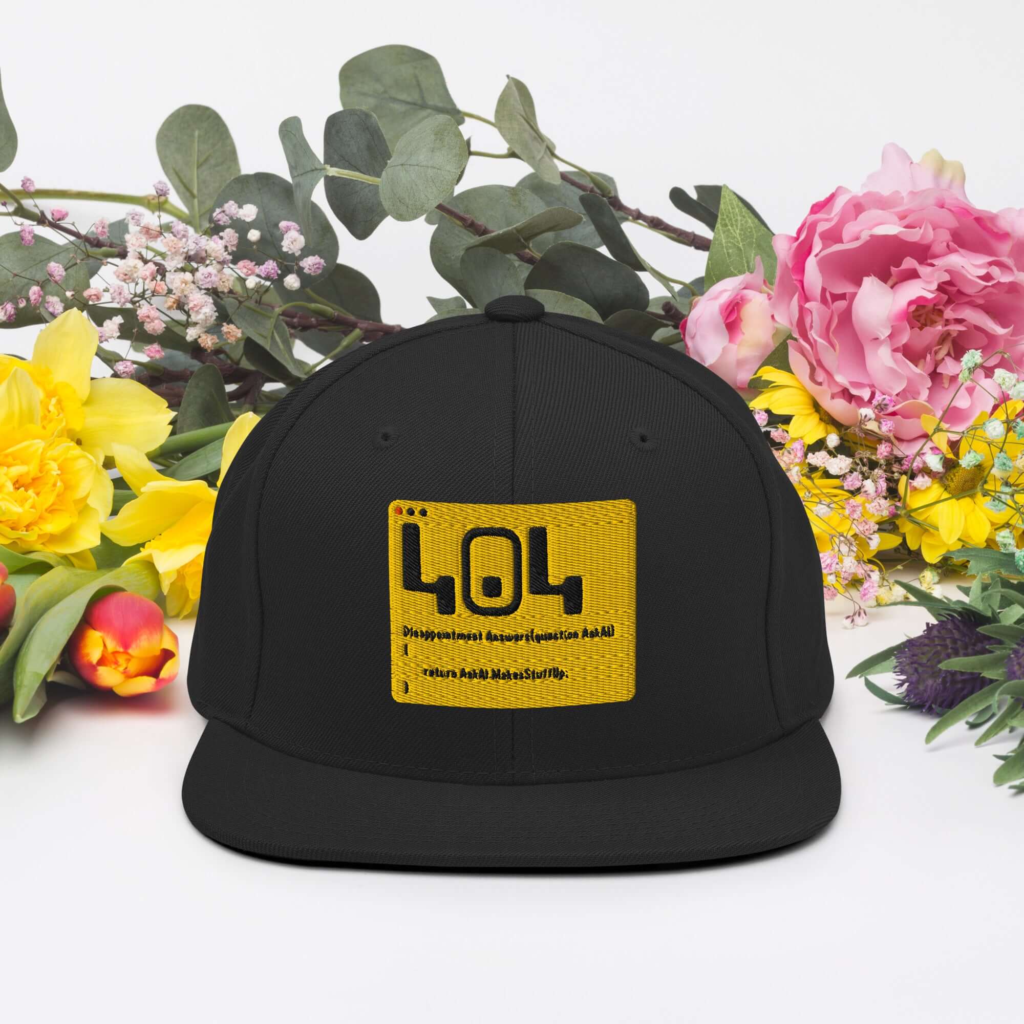 404 Error Code Snapback Hat with developer humor design, surrounded by vibrant flowers, ideal for tech enthusiasts.